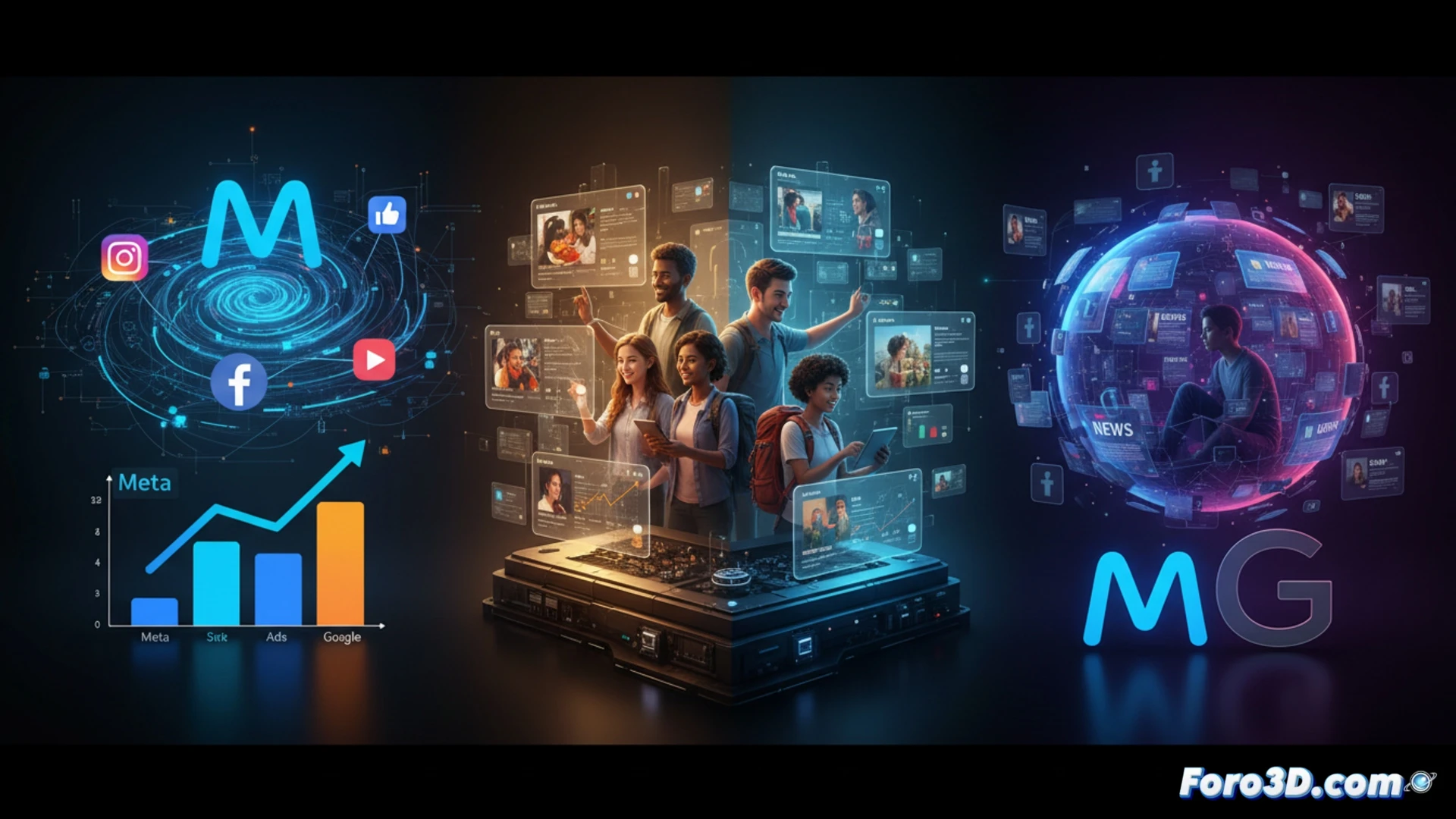 Una gráfica de barras muestra a Meta superando a Google en ingresos publicitarios en 2026, con iconos de IA y redes sociales de fondo.