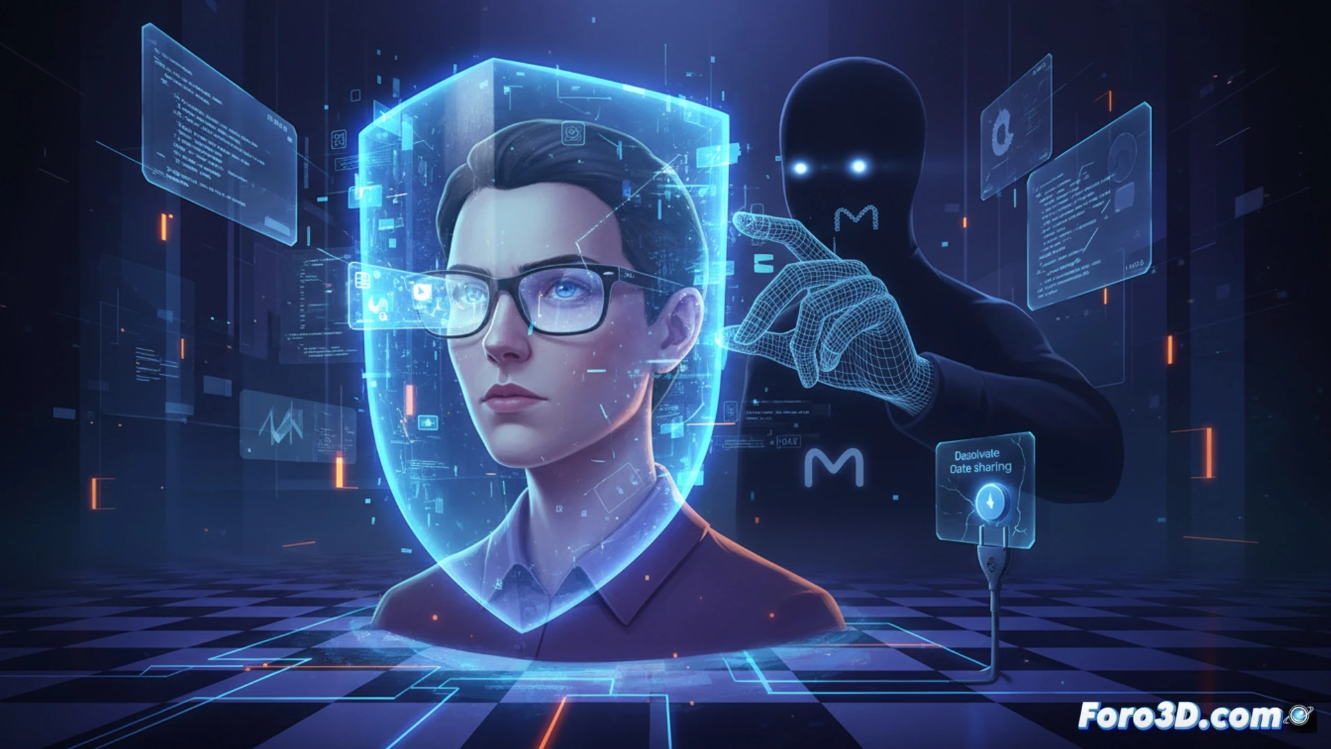 Gafas de sol con cámara y IA sobre fondo de datos digitales que se transmiten a la nube.