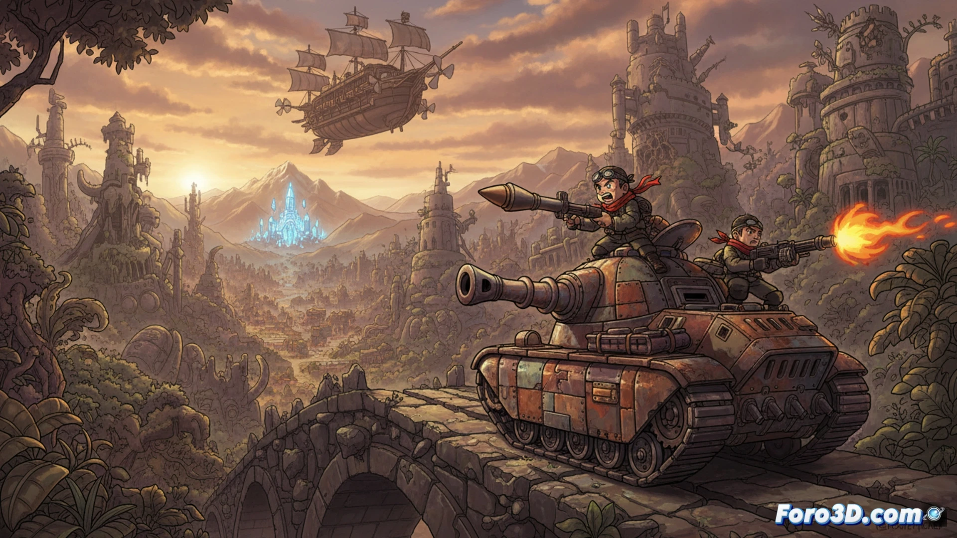 Ilustración 2D estilo Ghibli, con soldados y tanques caricaturescos en un campo de batalla vibrante y detallado.