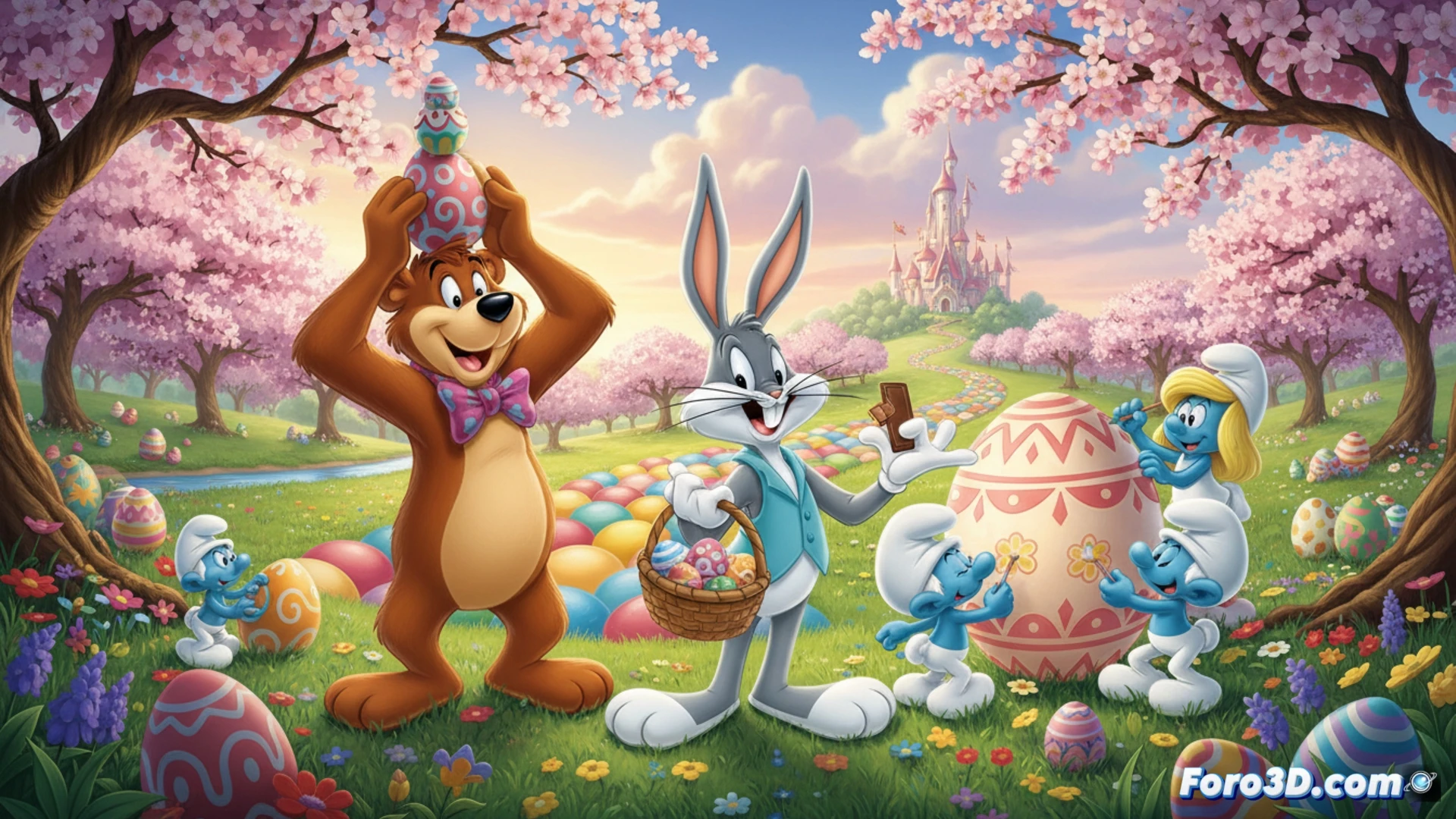 Un colorido huevo de Pascua gigante rodeado por Bugs Bunny, Yogi Bear y los Pitufos, celebrando frente a un televisor clásico.