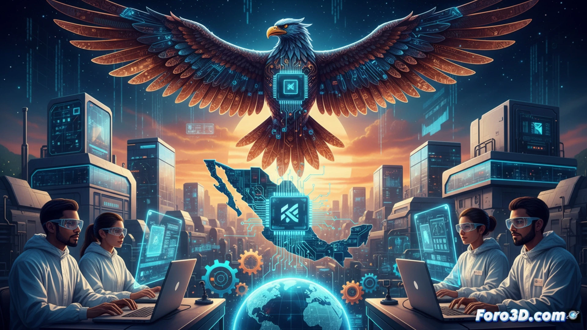 Una fábrica de chips con la bandera de México y un mapa del país en el fondo, rodeado de circuitos y trabajadores especializados.