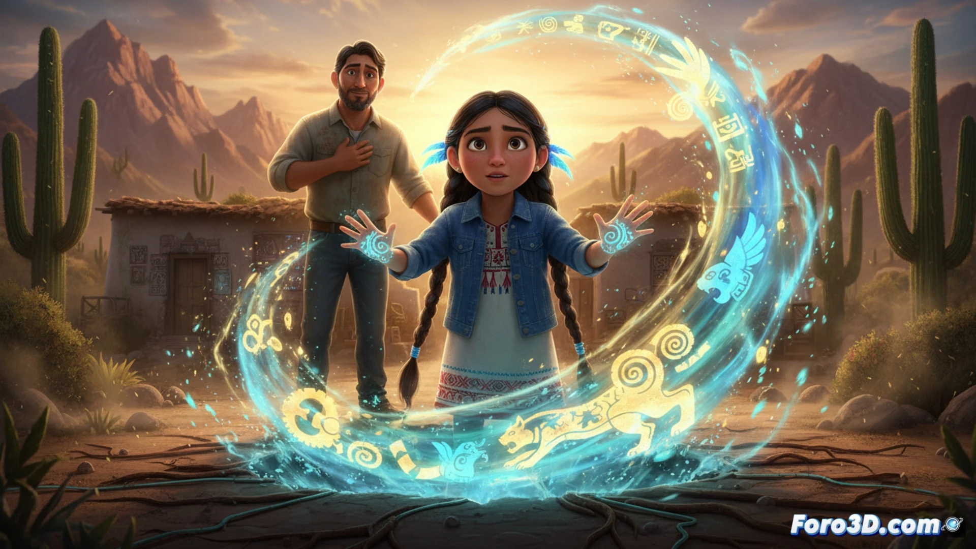 La niña Xóchitl, iluminada por un sol radiante, observa asombrada glifos y pirámides prehispánicas que emergen entre edificios modernos.