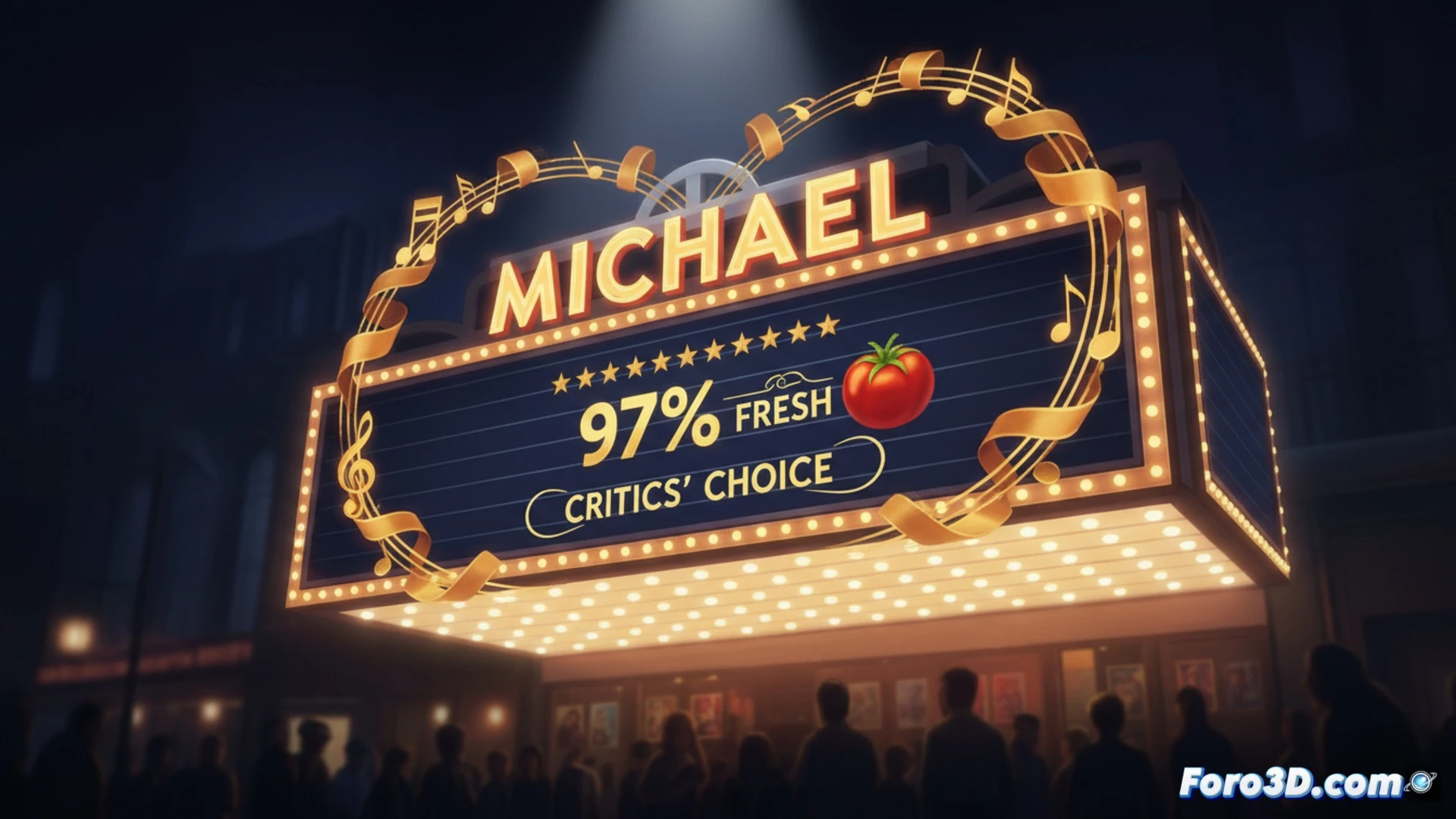 Un cartel dorado con Michael Jackson brillando, junto al texto '97% Rotten Tomatoes', sobre fondo rojo y negro.