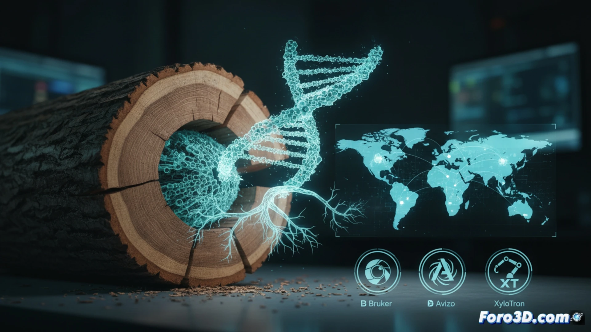 Micrografía tridimensional de xilema de madera preciosa mostrando estructura interna para identificación forense