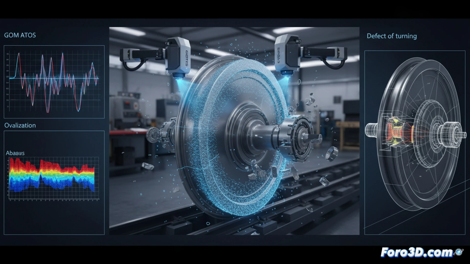 Escaneo 3D GOM ATOS revela micro-ovalizacion en rueda de tren alta velocidad con desviacion sub-50 micras