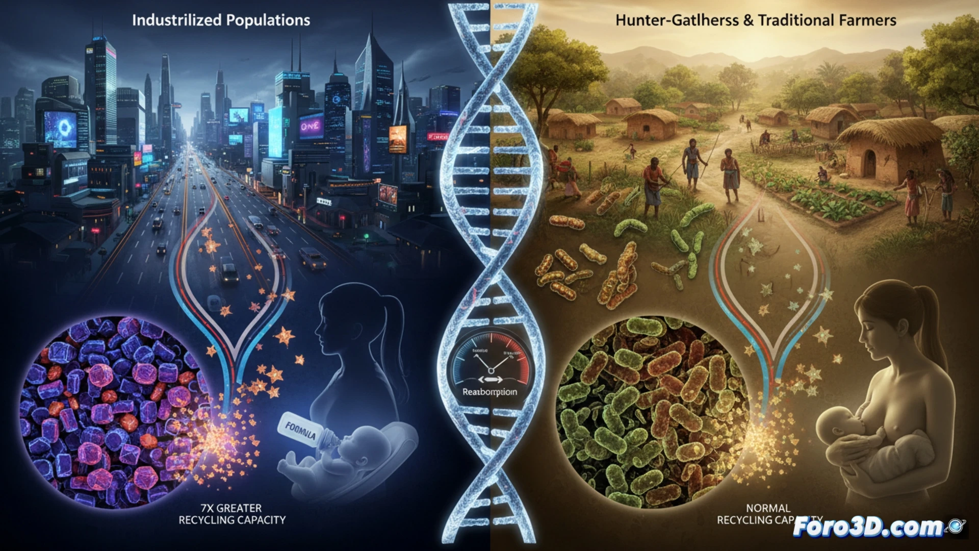 Modelo 3D de bacterias intestinales metabolizando moléculas de estrógenos en un entorno intestinal alterado.
