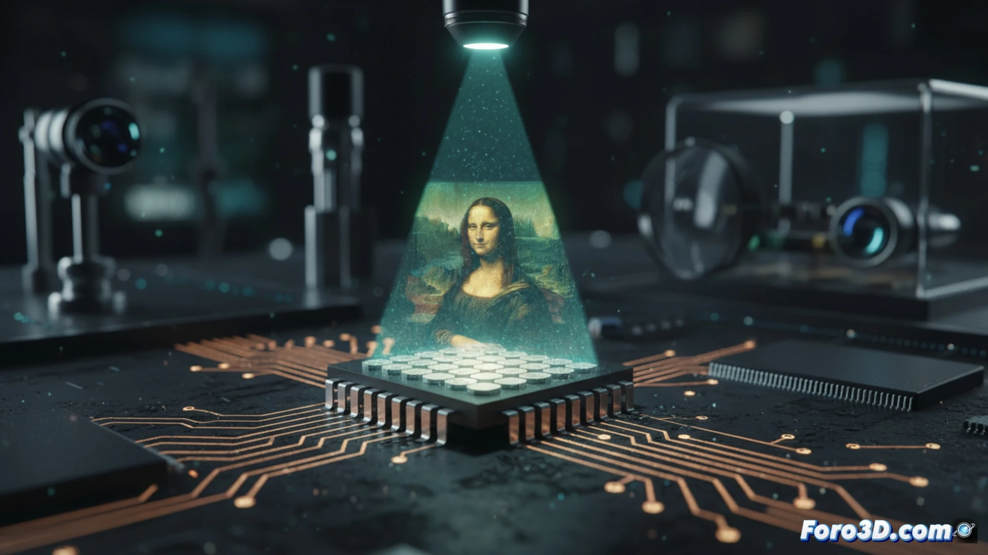 Un microchip del tamaño de un grano de arena proyecta un haz de luz con un vídeo en miniatura sobre una superficie oscura.