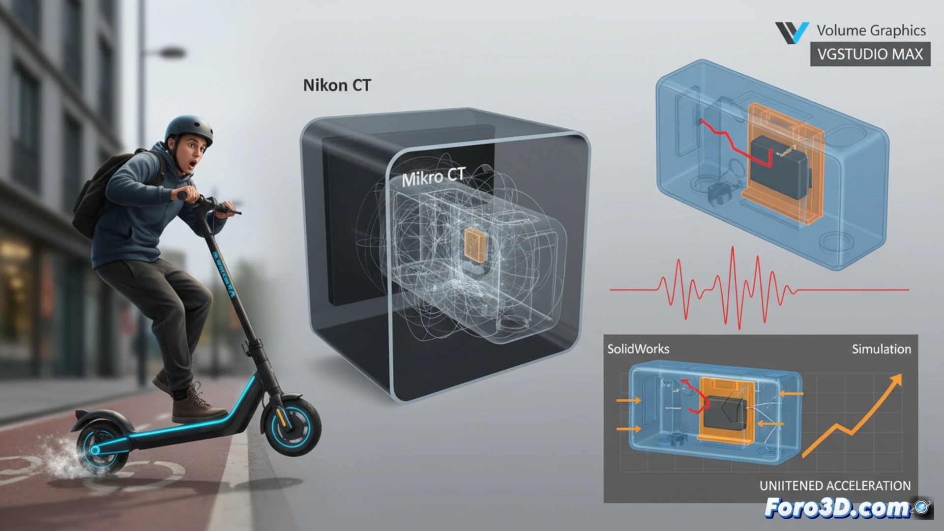 Microfisura en soporte plástico de sensor de aceleración revelada por Micro-CT en patinete eléctrico