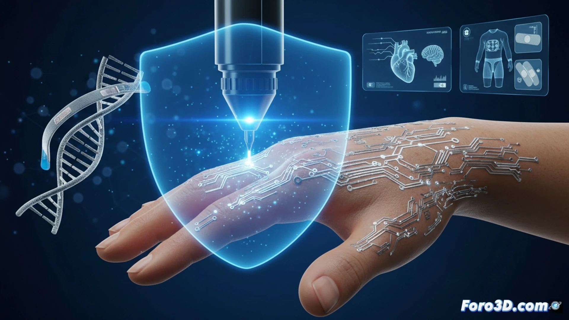 Un microondas focalizado imprimiendo finos circuitos electrónicos sobre una superficie de tejido biológico vivo.