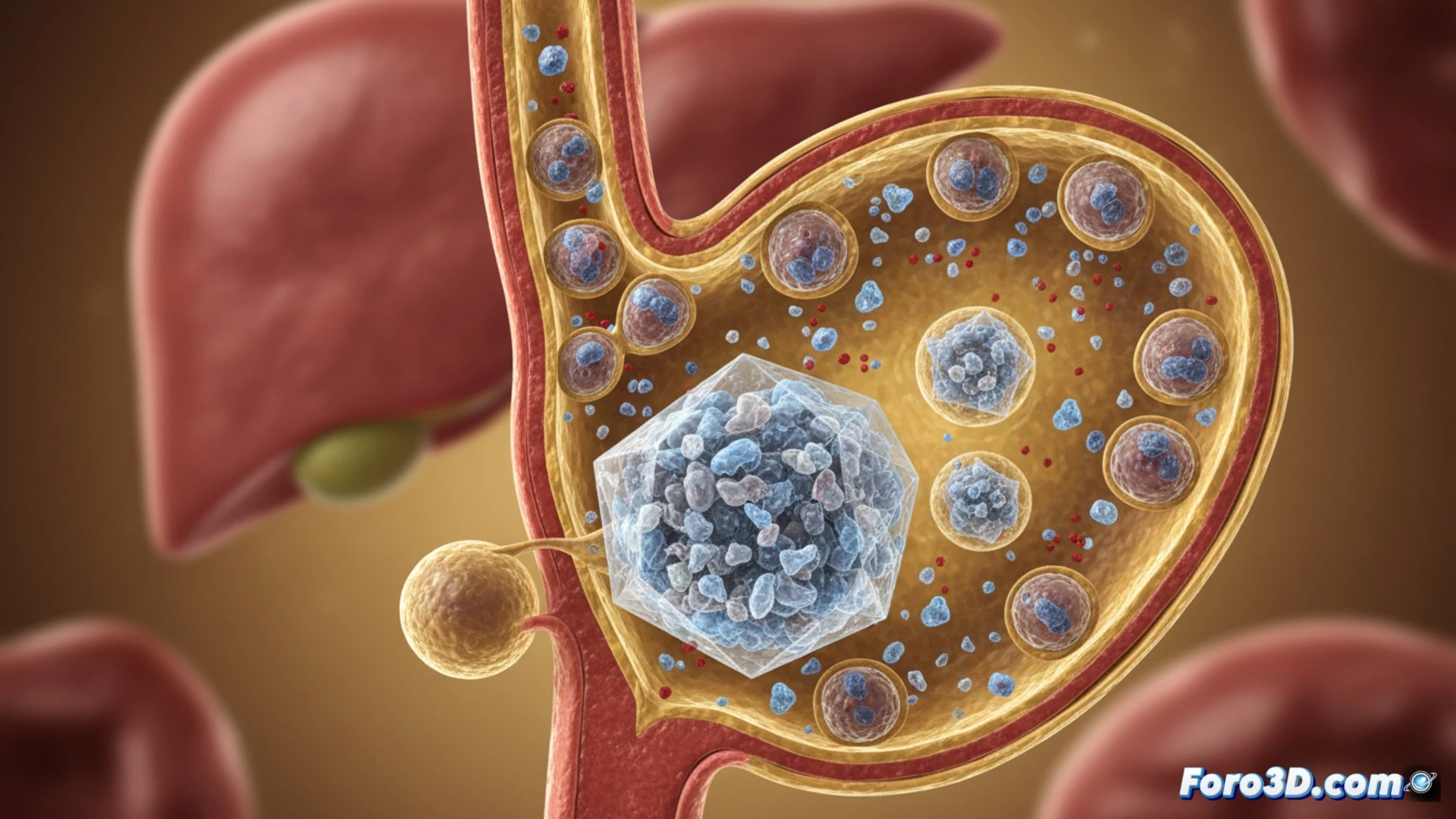 Visualización 3D de microplásticos acumulados en el sistema biliar humano, mostrando daño celular.