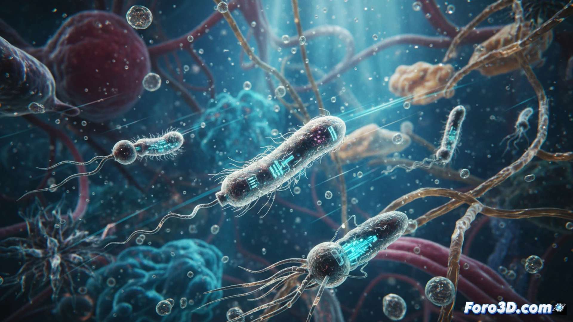 Microrrobot 3D con forma helicoidal, similar a un flagelo bacteriano, navegando por un vaso sanguíneo simulado.