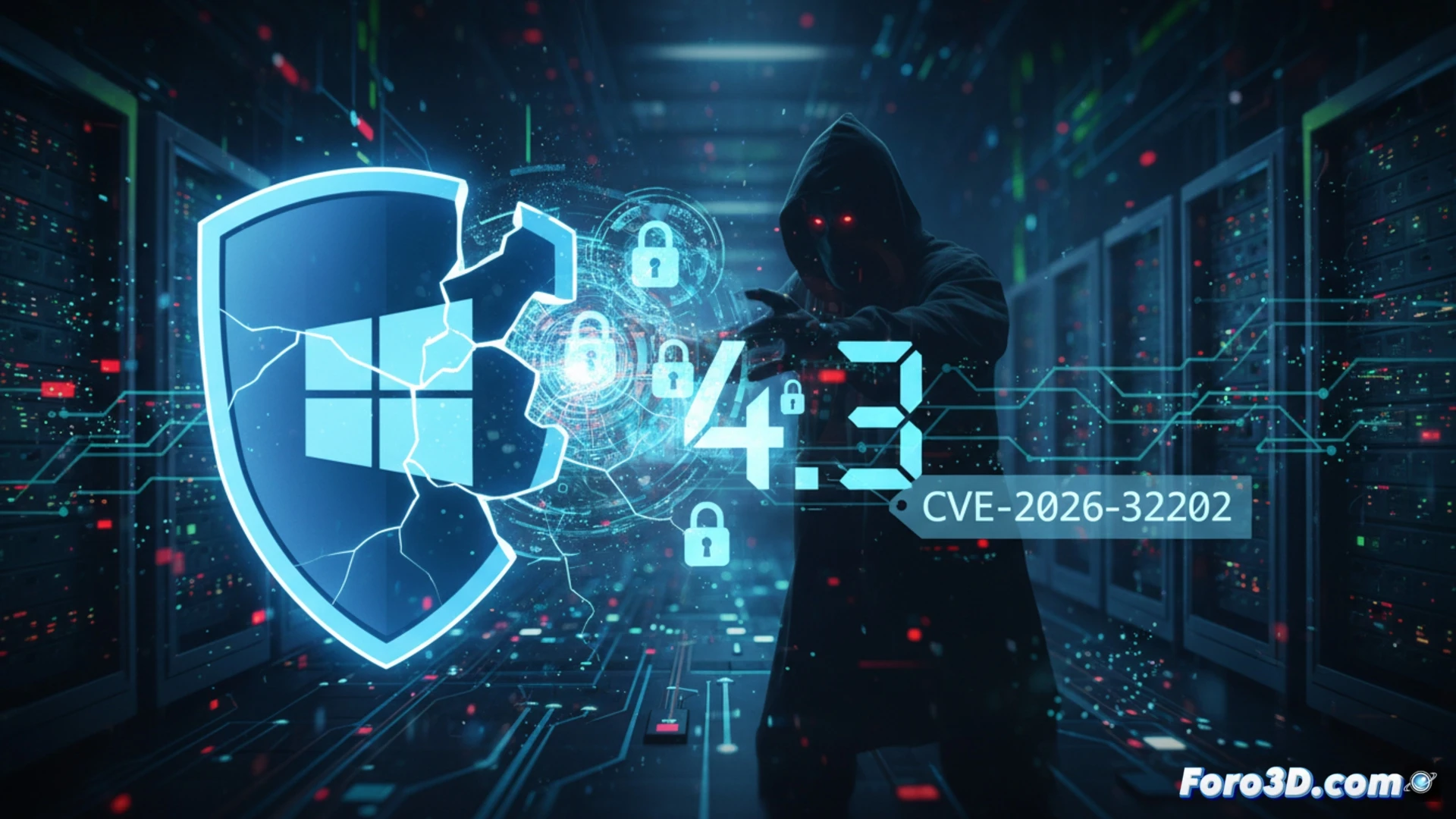 Una pantalla de Windows con un icono de advertencia rojo sobre el menú Inicio, un escudo de seguridad roto y texto técnico sobre CVE-2026-32202, fondo oscuro.