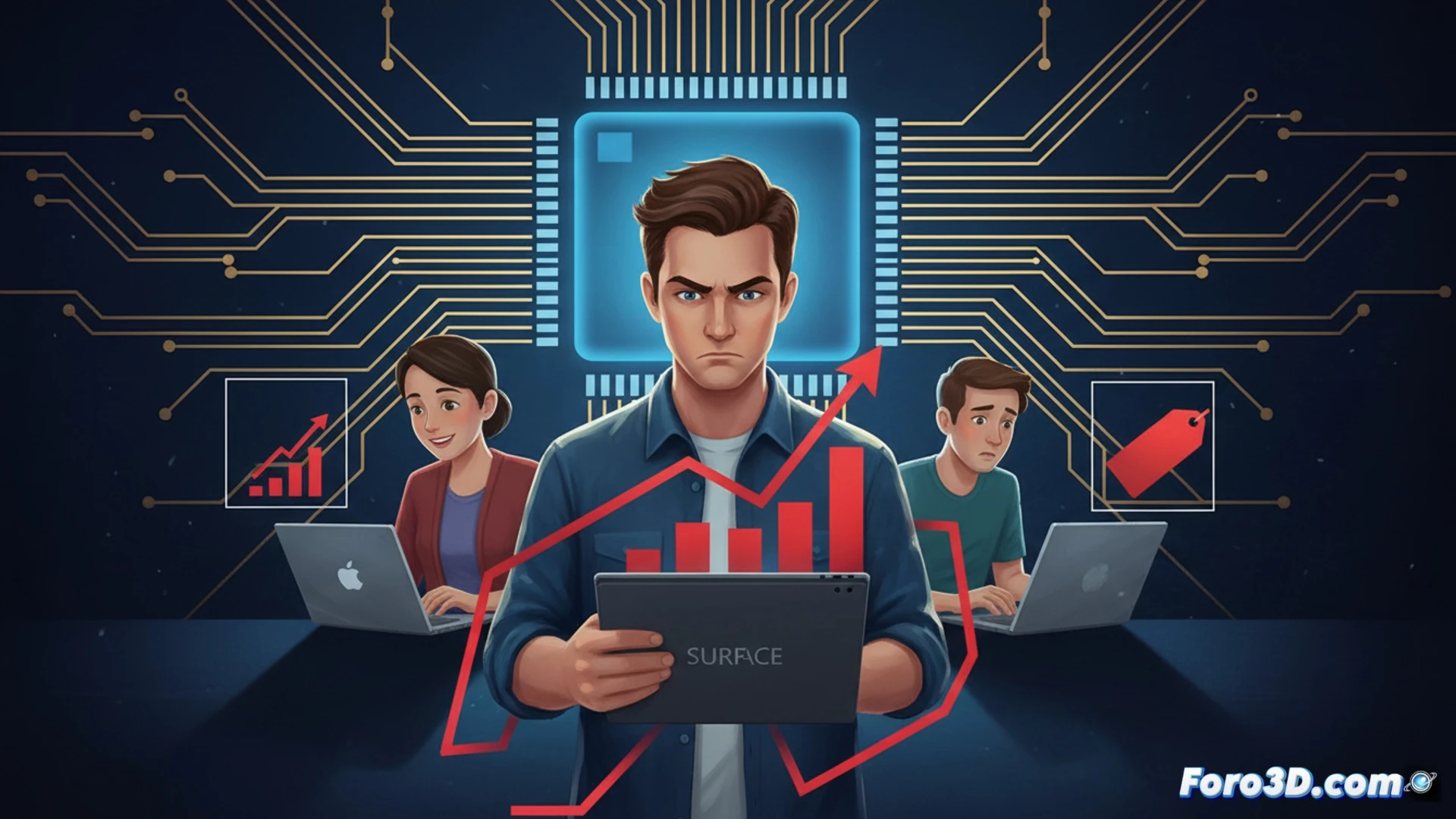 Un portátil Surface con una etiqueta de precio elevada junto a módulos de RAM escasos y un gráfico de precios ascendente.