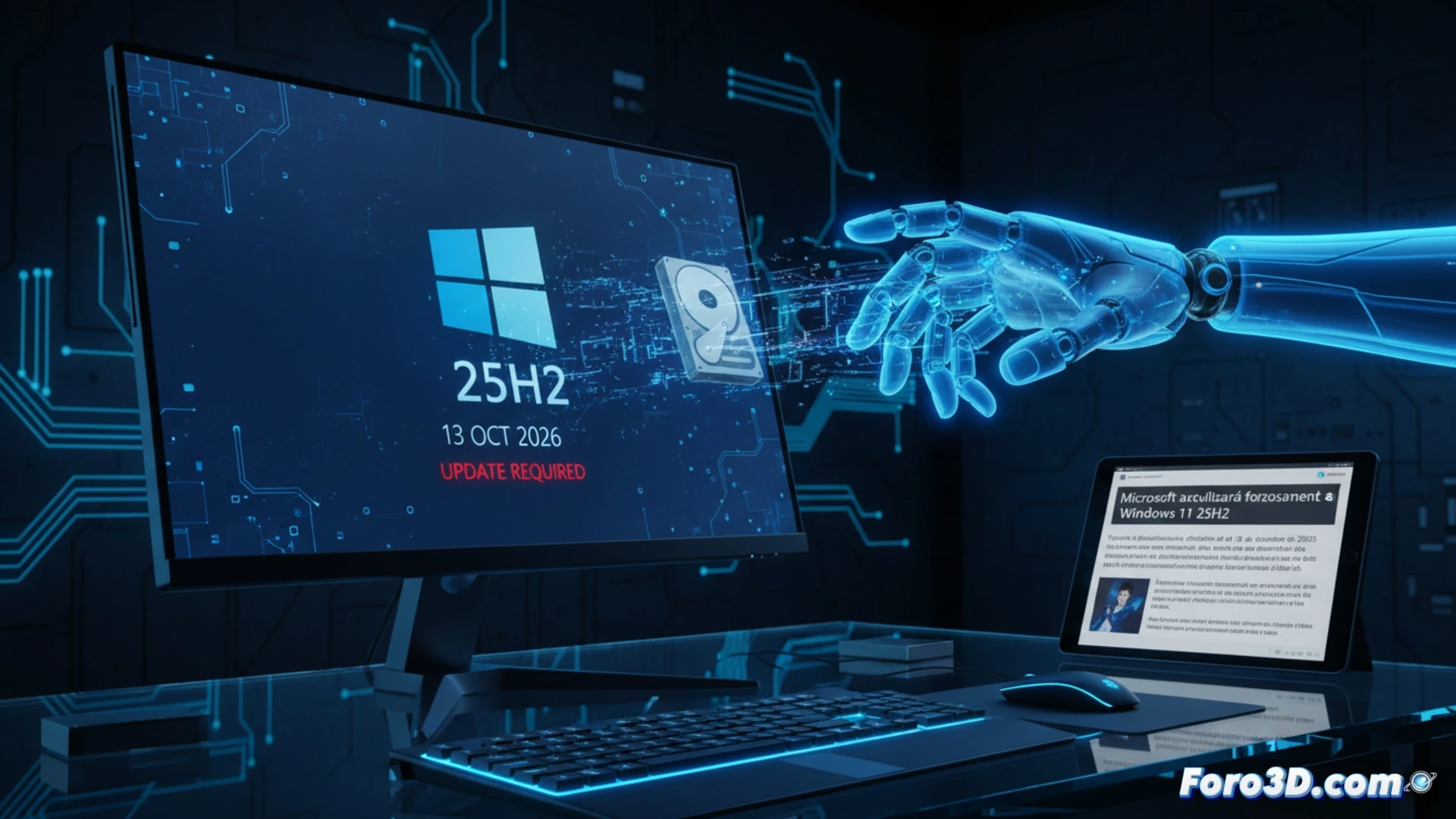 Un portátil muestra una notificación de Windows 11 25H2, con un calendario marcando octubre de 2026 y una flecha de actualización forzosa.