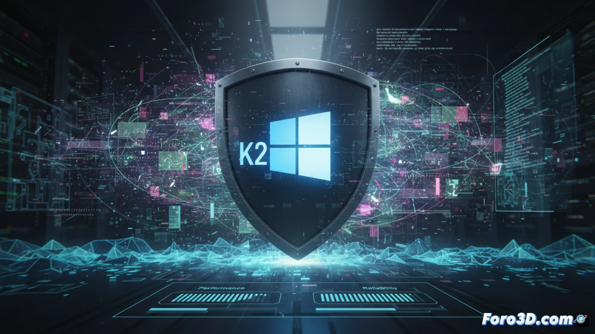Una ilustración muestra el logotipo de Windows 11 partido en dos mitades. Un lado es azul brillante con un chip de IA, el otro es gris con un engranaje oxidado. Al fondo, un escudo K2 dorado.