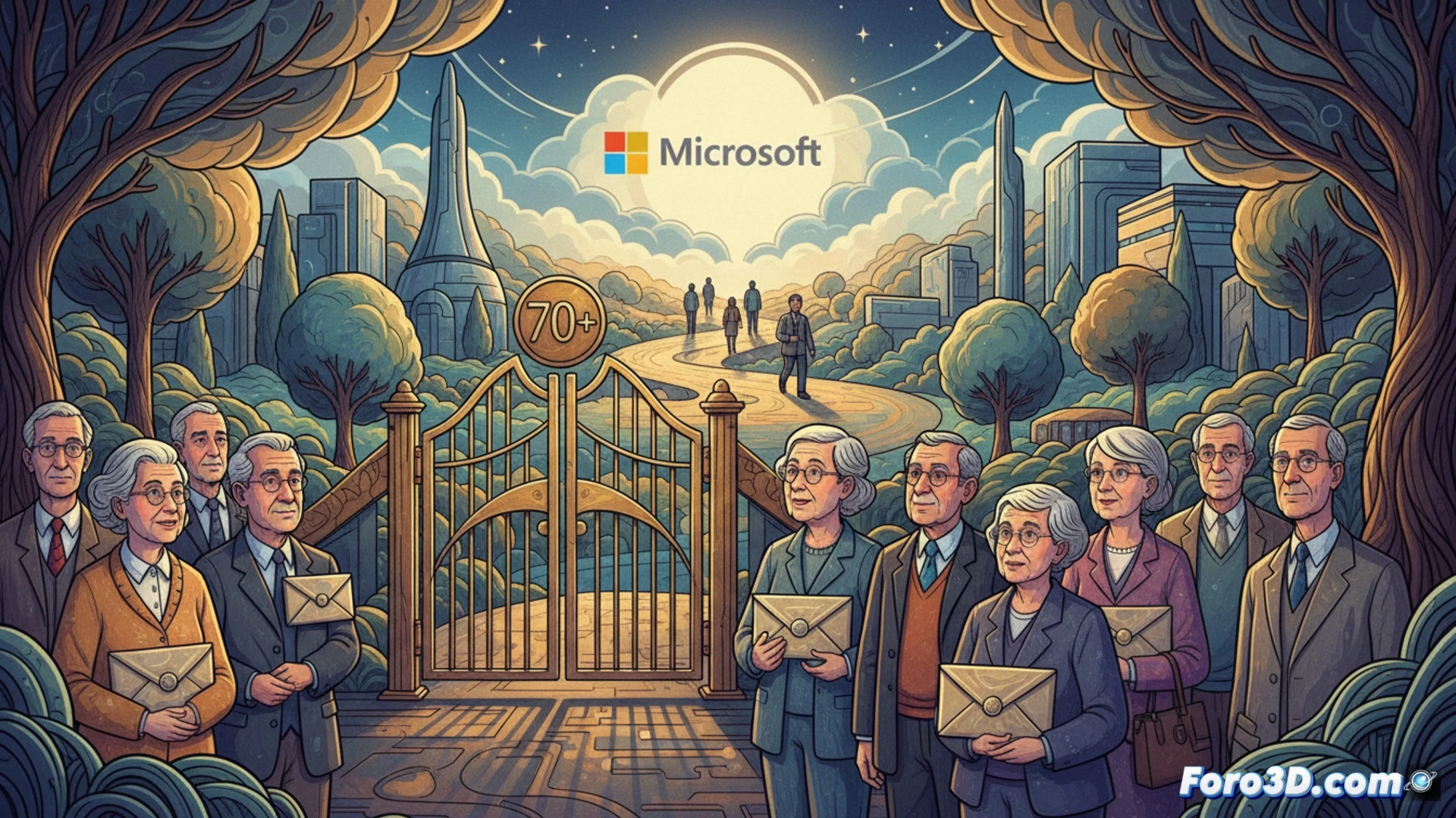 Un ejecutivo de Microsoft firma documentos de indemnización, mientras empleados veteranos salen con cajas.