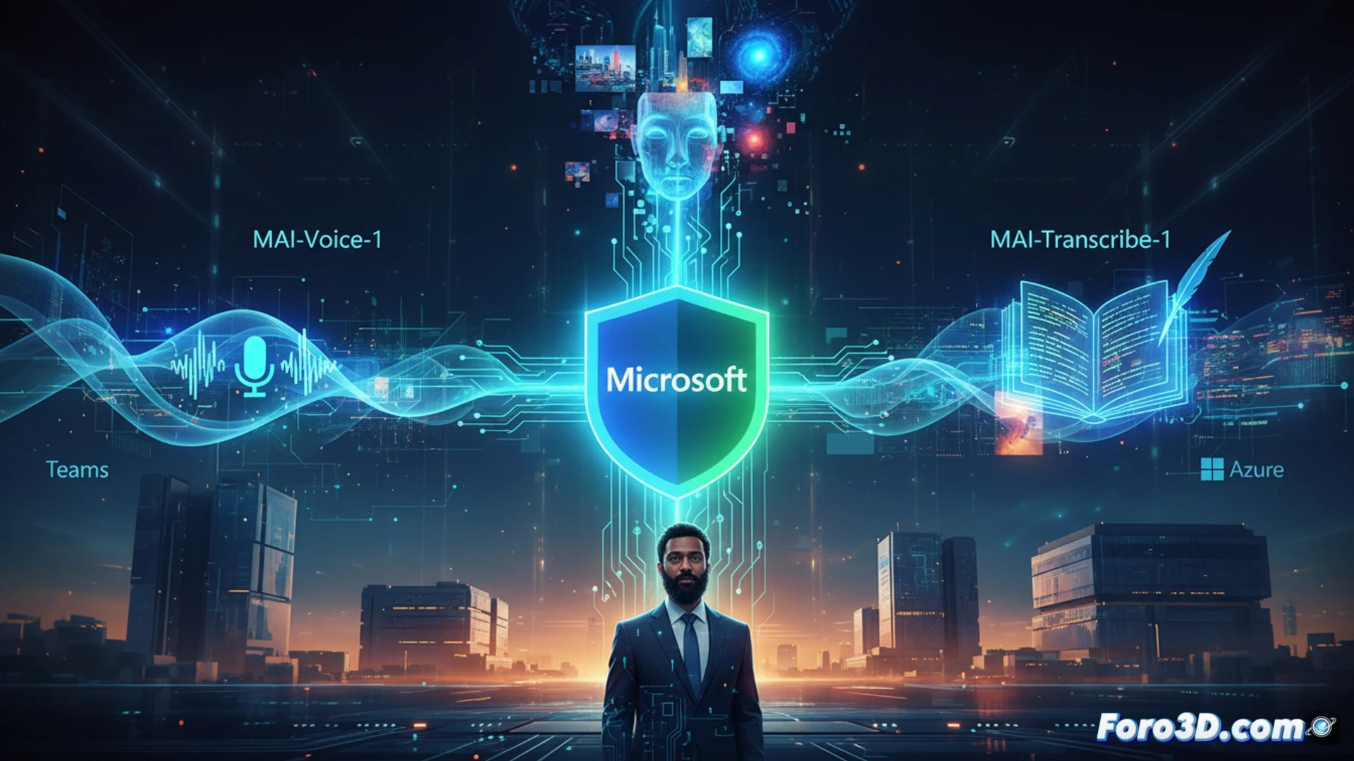 Un cerebro digital brillante se ramifica en tres iconos: un micrófono, un altavoz y una paleta de pintura, sobre el logo de Azure.