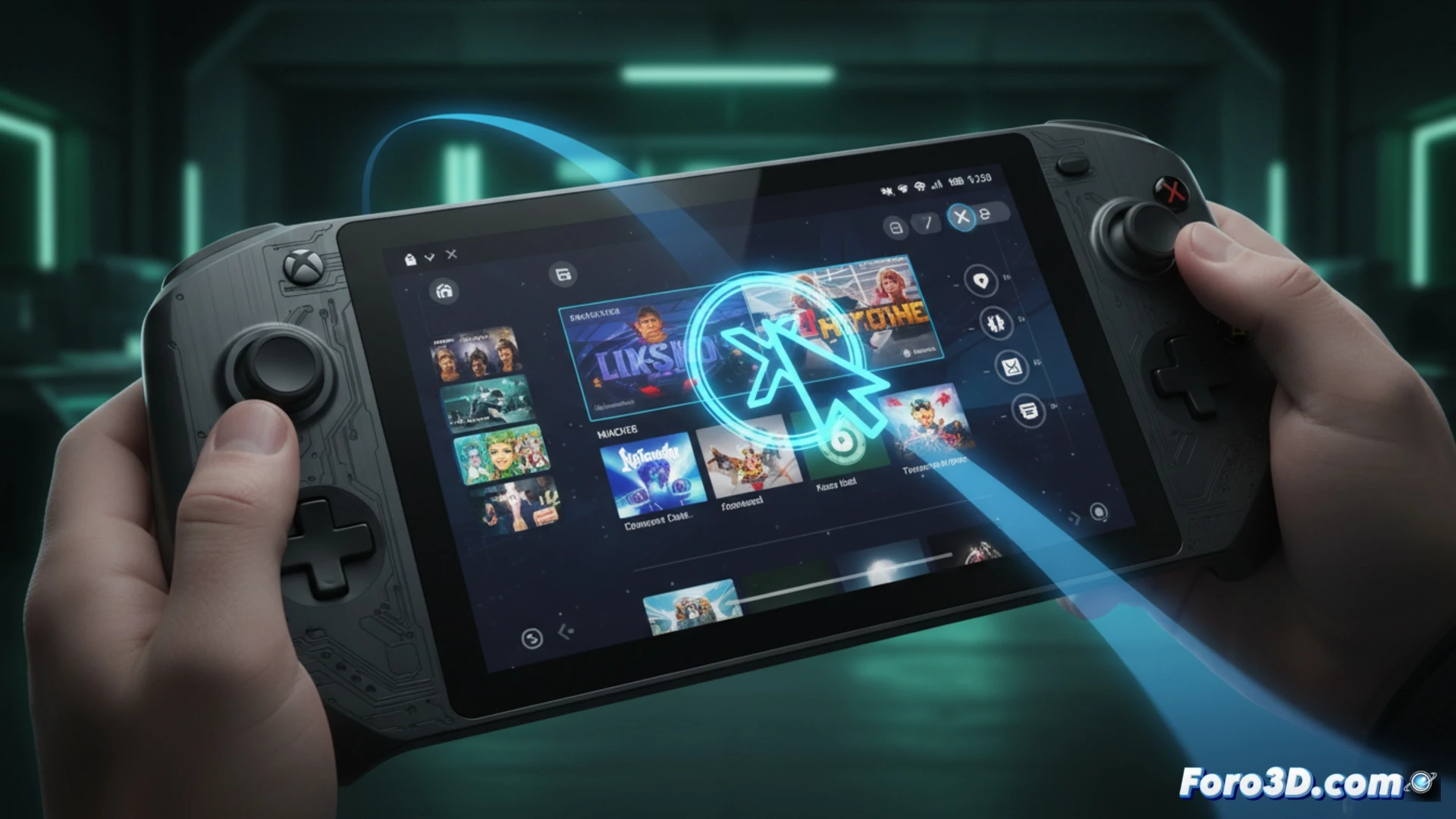 Un portátil gaming con mando Xbox muestra un cursor virtual moviéndose por la interfaz de Windows, destacando la palanca izquierda.