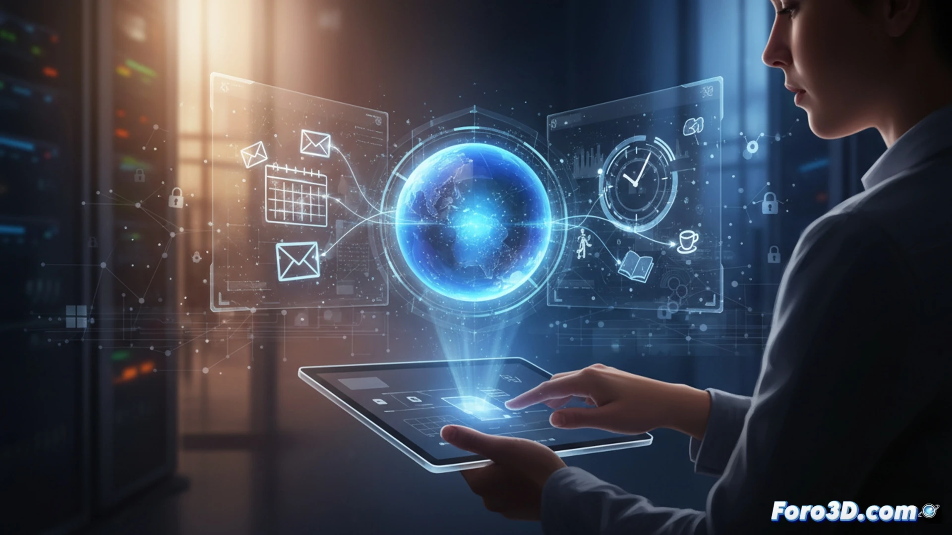 Un asistente digital autónomo gestiona correos y agenda en una pantalla, con un usuario observando pensativo.