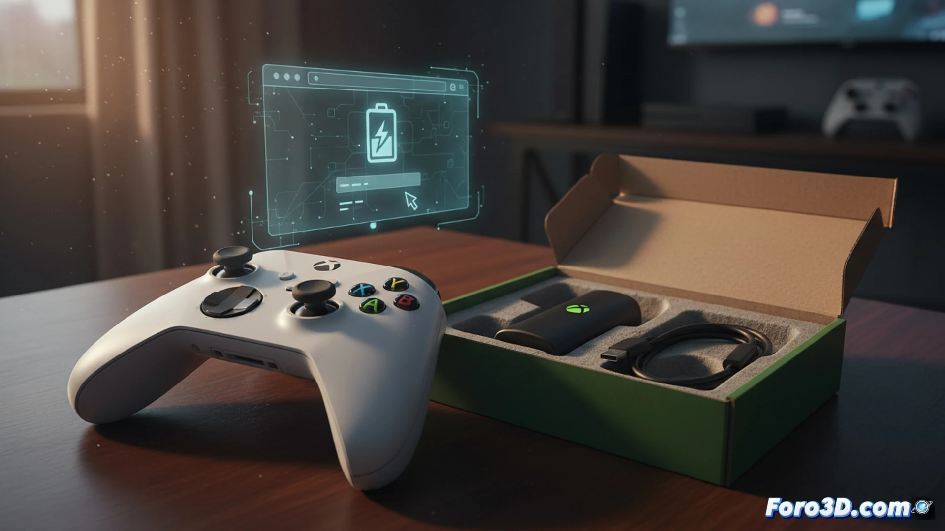 Un mando Xbox sobre una mesa, junto a un kit de recarga con batería y cable USB-C, ilustrando la solución ofrecida por Microsoft.