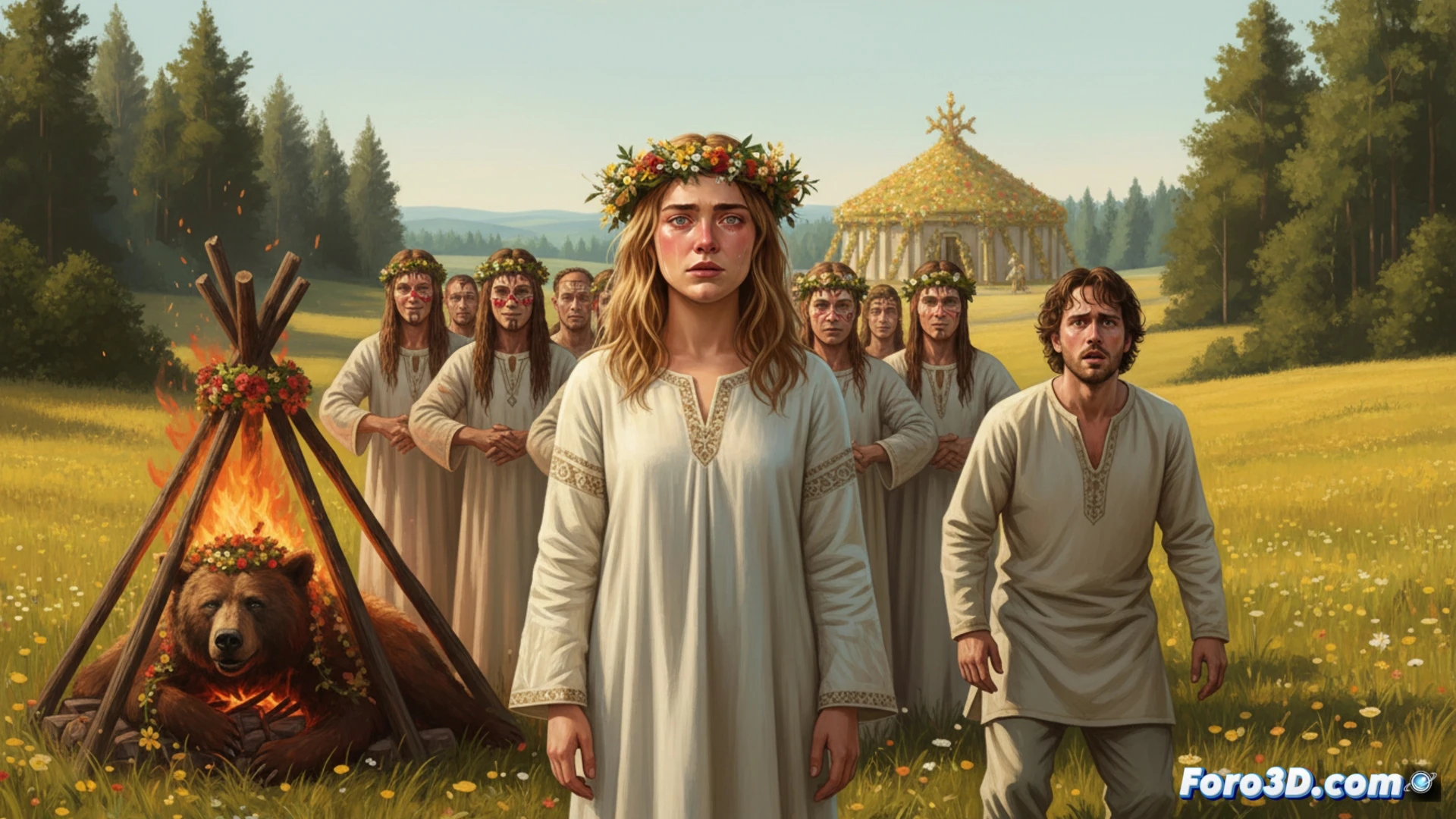 Una pareja en tensión, rodeada de rituales florales bajo el sol perpetuo. La verdadera amenaza no es el culto, sino su vínculo roto.