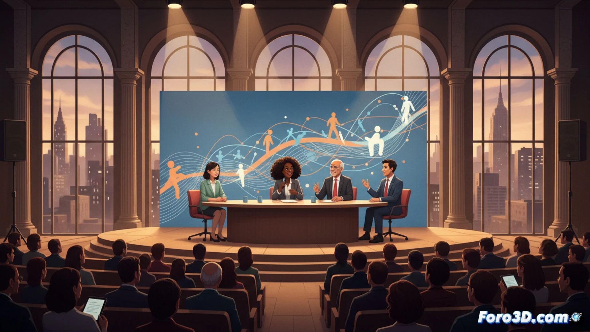 Una mujer moderando un coloquio sobre migración e identidad ante un público atento, con el logo de Cruz Roja al fondo.