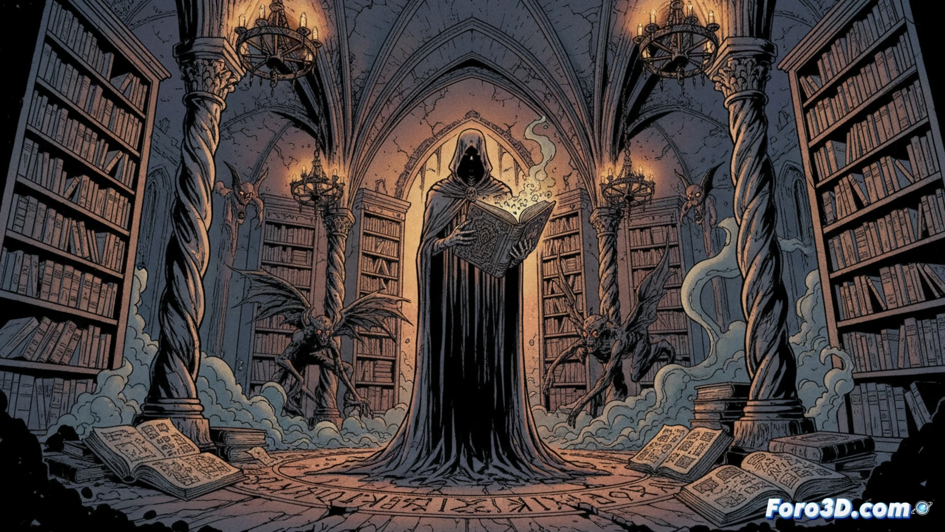 Ilustración de Uri Tupka en una biblioteca esotérica, rodeado de demonios y conocimiento prohibido.