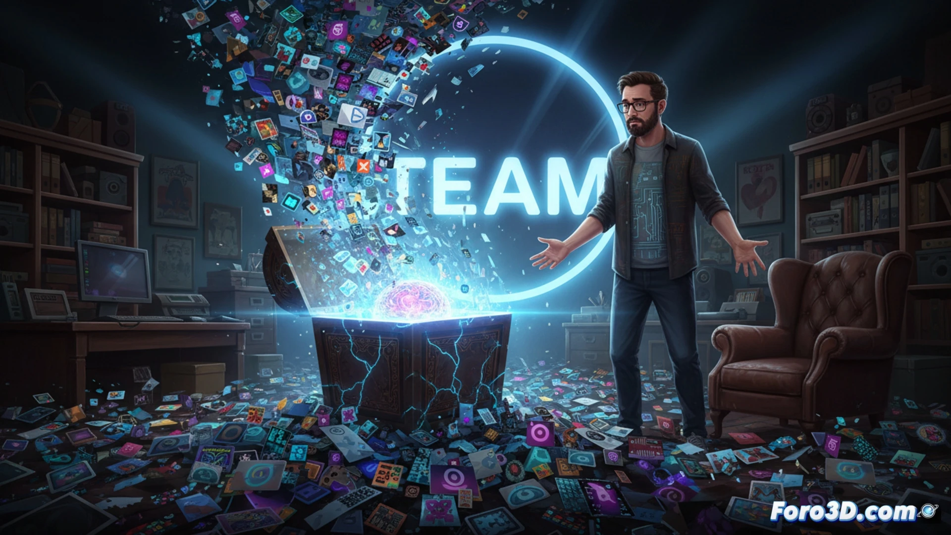 Un hombre abre una caja digital de la que emergen iconos de videojuegos y arte de IA, ahogando proyectos indie en un mar de copias.