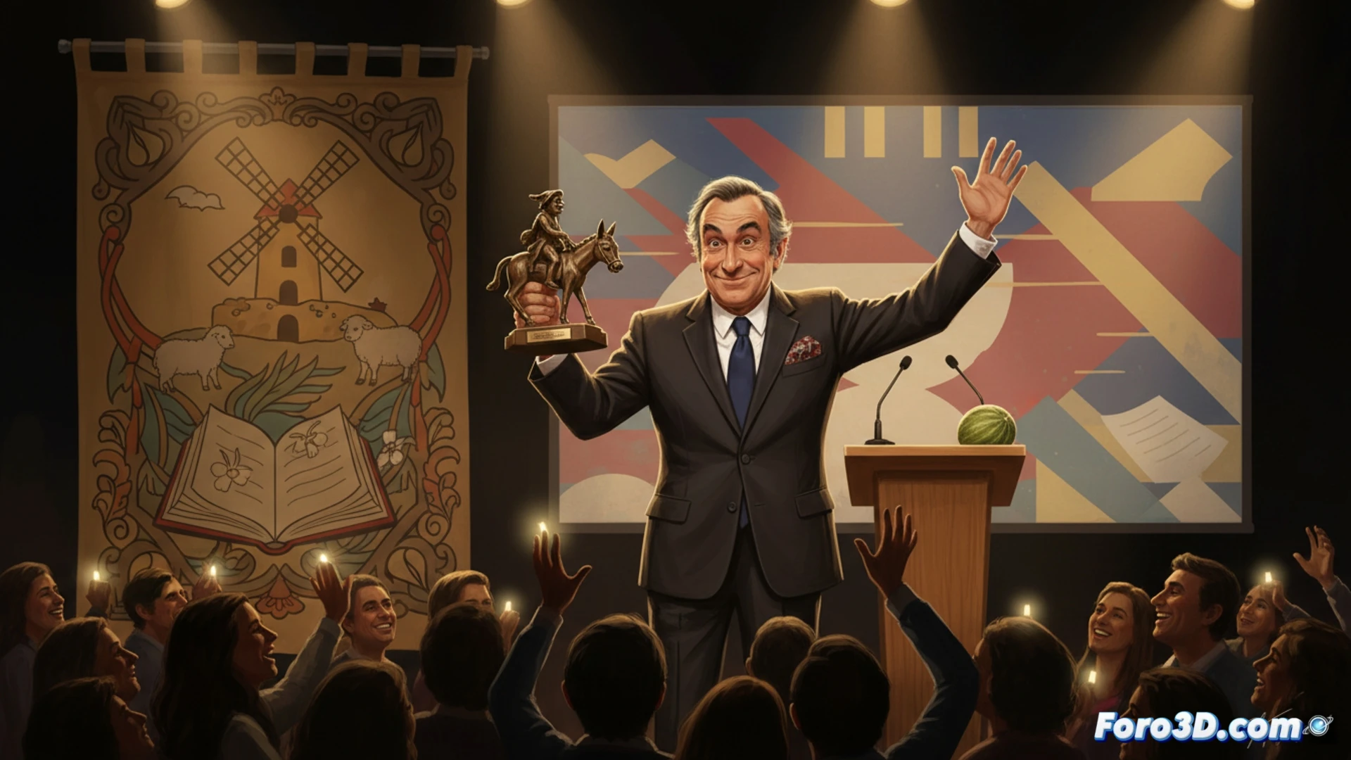 Un cómico mayor recibe un premio en un escenario, sonriendo con orgullo por su humor de raíces manchegas y cervantinas.