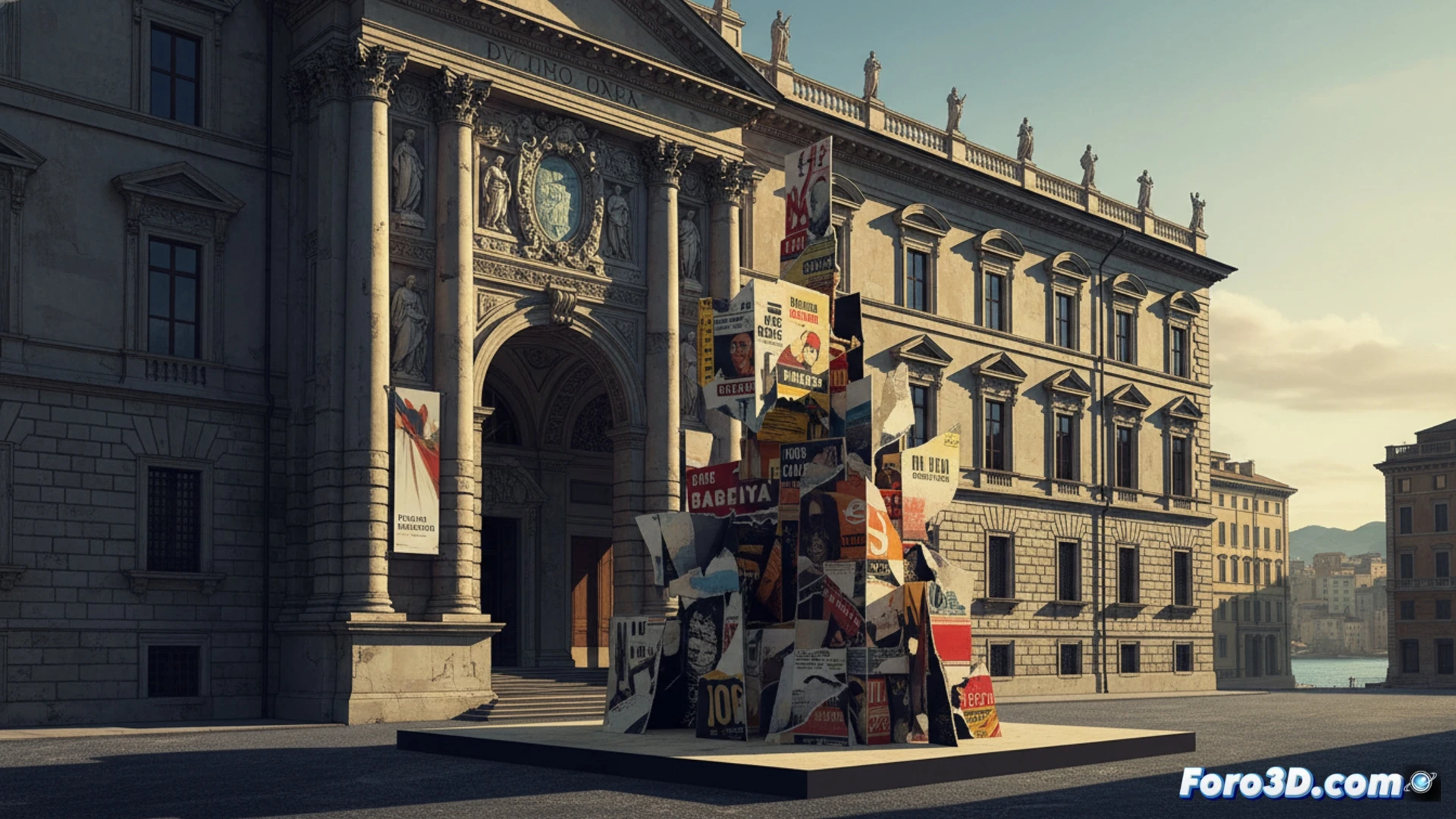 Dentro del Palazzo Ducale de Génova, un gran panel muestra un décollage de Mimmo Rotella: capas de carteles rasgados revelan rostros y letras abstractas, iluminados por luz tenue que acentúa texturas y colores desgastados, evocando poesía visual urbana.
