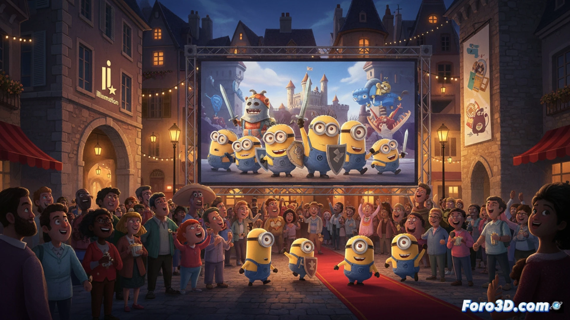 Un minion amarillo y un monstruo azul posan juntos sobre la alfombra roja de Annecy, con la Torre Eiffel de fondo.