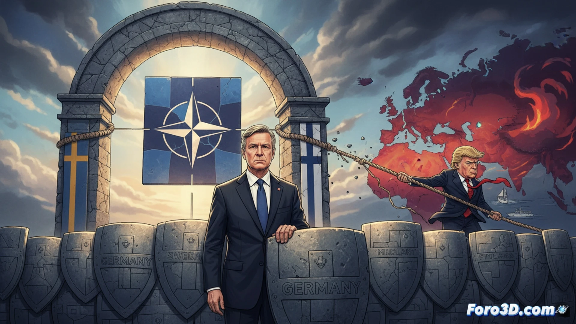 Ministro alemán serio en reunión OTAN, con banderas aliadas y titulares sobre amenazas de Trump al fondo.