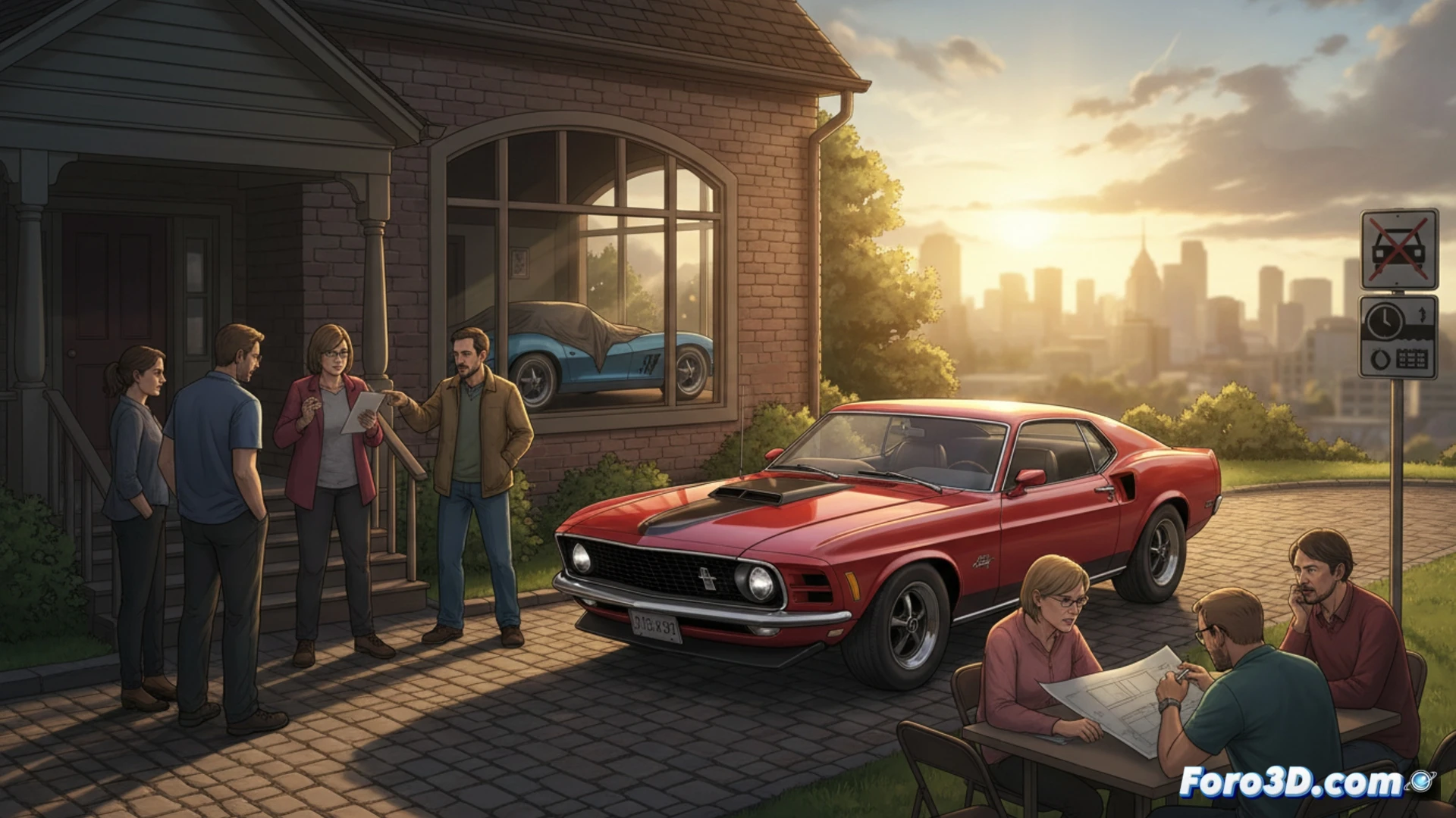 Un coche clásico rojo retro sobre un cartel de prohibido entre semana, con el Capitolio de Minnesota al fondo.