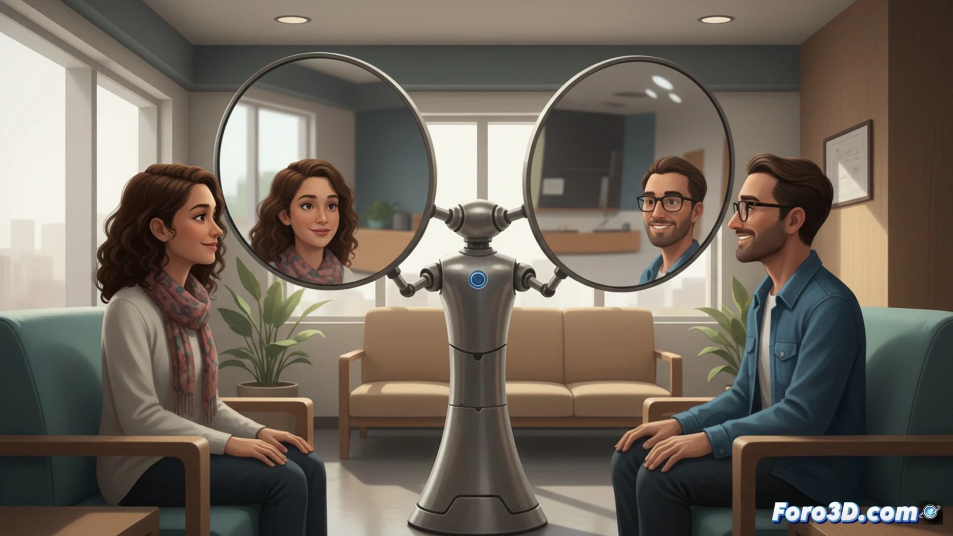 Un robot con espejos por ojos, situado entre dos personas, refleja a ambas para facilitar un contacto visual indirecto y romper el hielo.