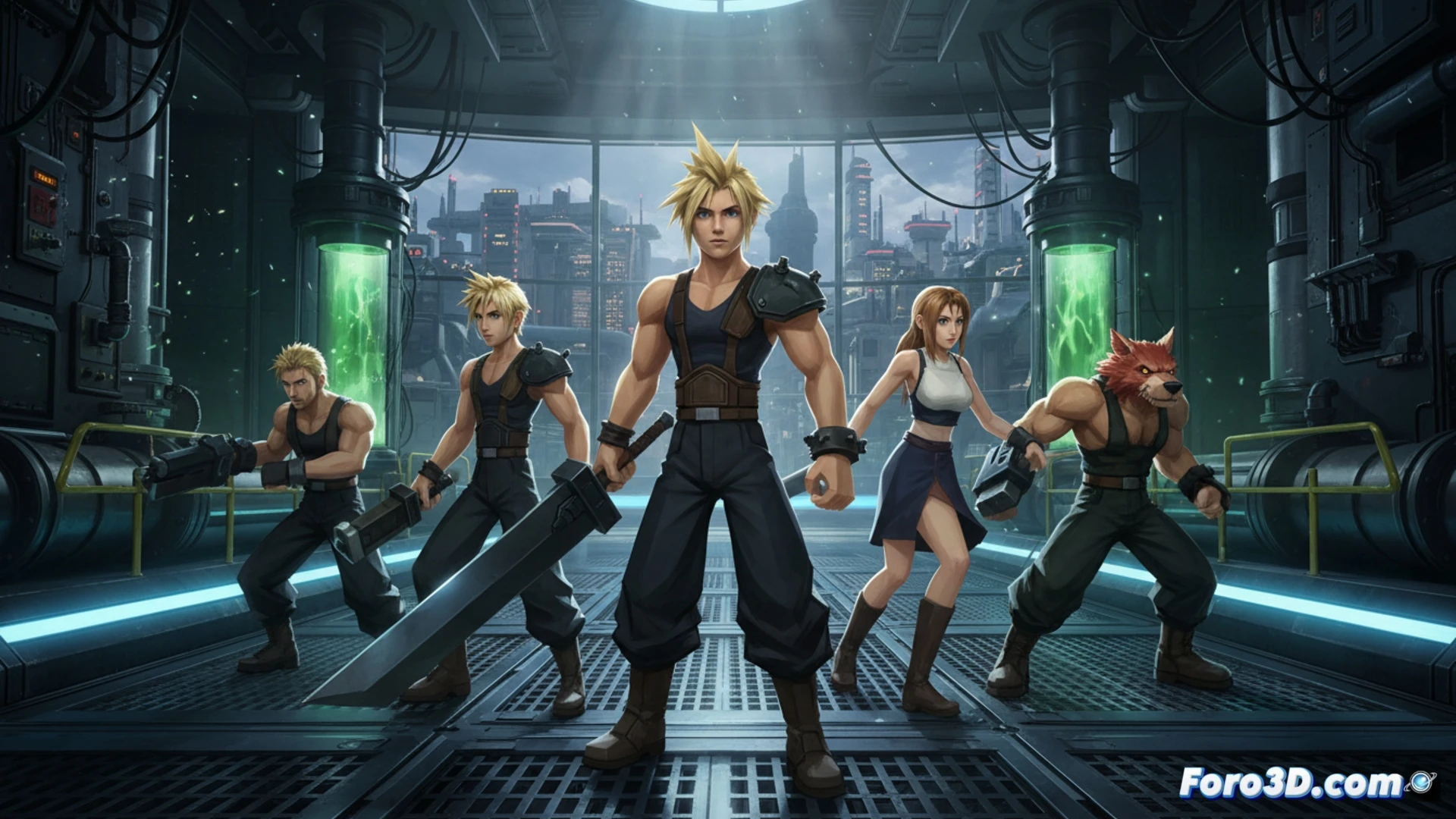 Cloud y otros personajes del FF7 Rebirth con modelos poligonales del juego original de 1997, sobre fondos hiperrealistas.