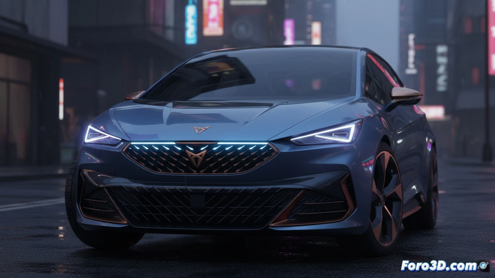 Modelo 3D alámbrico de la parrilla frontal iluminada del CUPRA Raval, mostrando su integración en la carrocería.