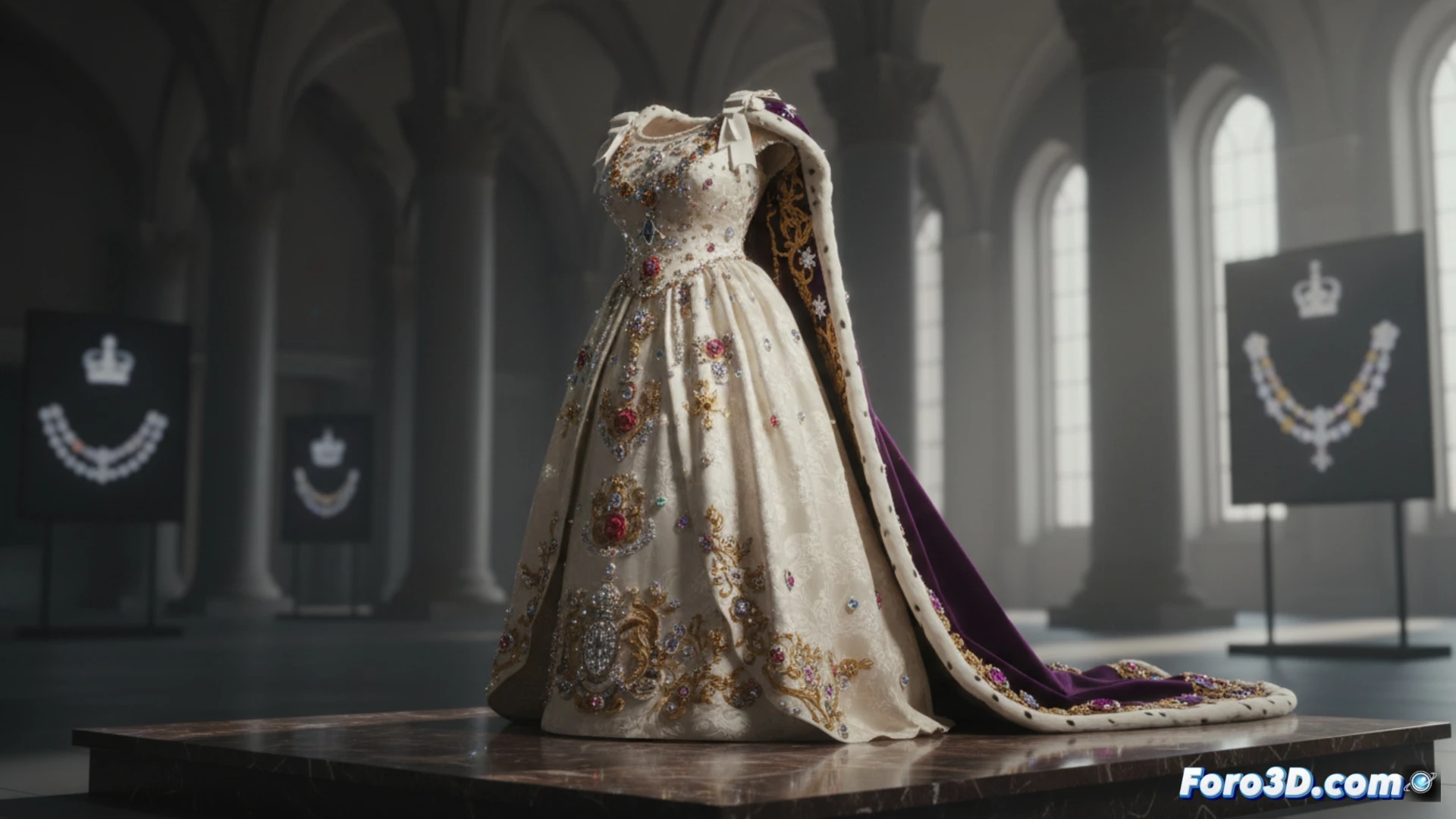 Render 3D hiperrealista de un vestido de gala bordado con hilos de oro y pedrería, inspirado en los diseños de la reina Isabel II.