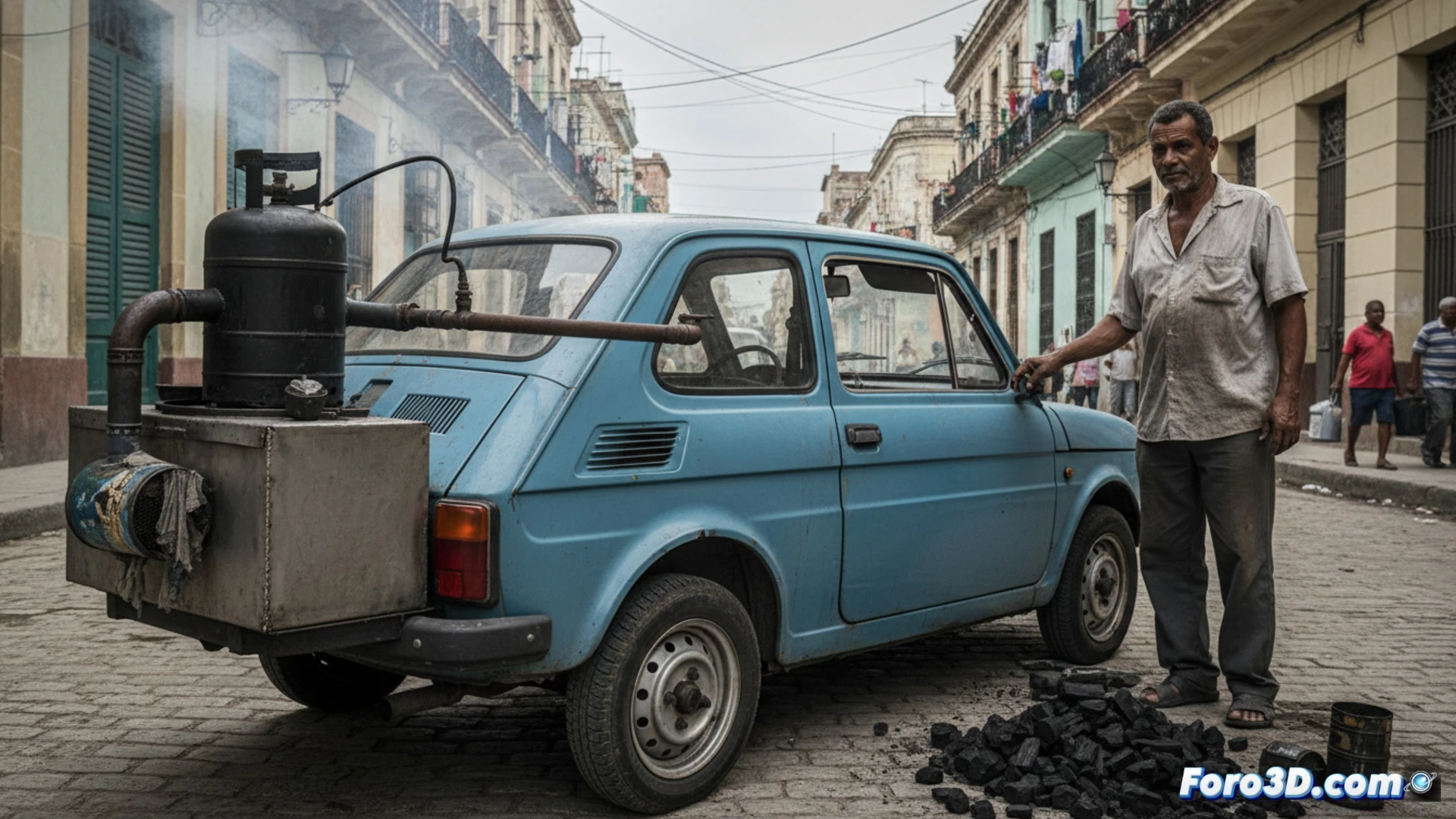 Fiat Polski cubano 1980 modificado con sistema de carbón vegetal, bombona y filtro artesanal