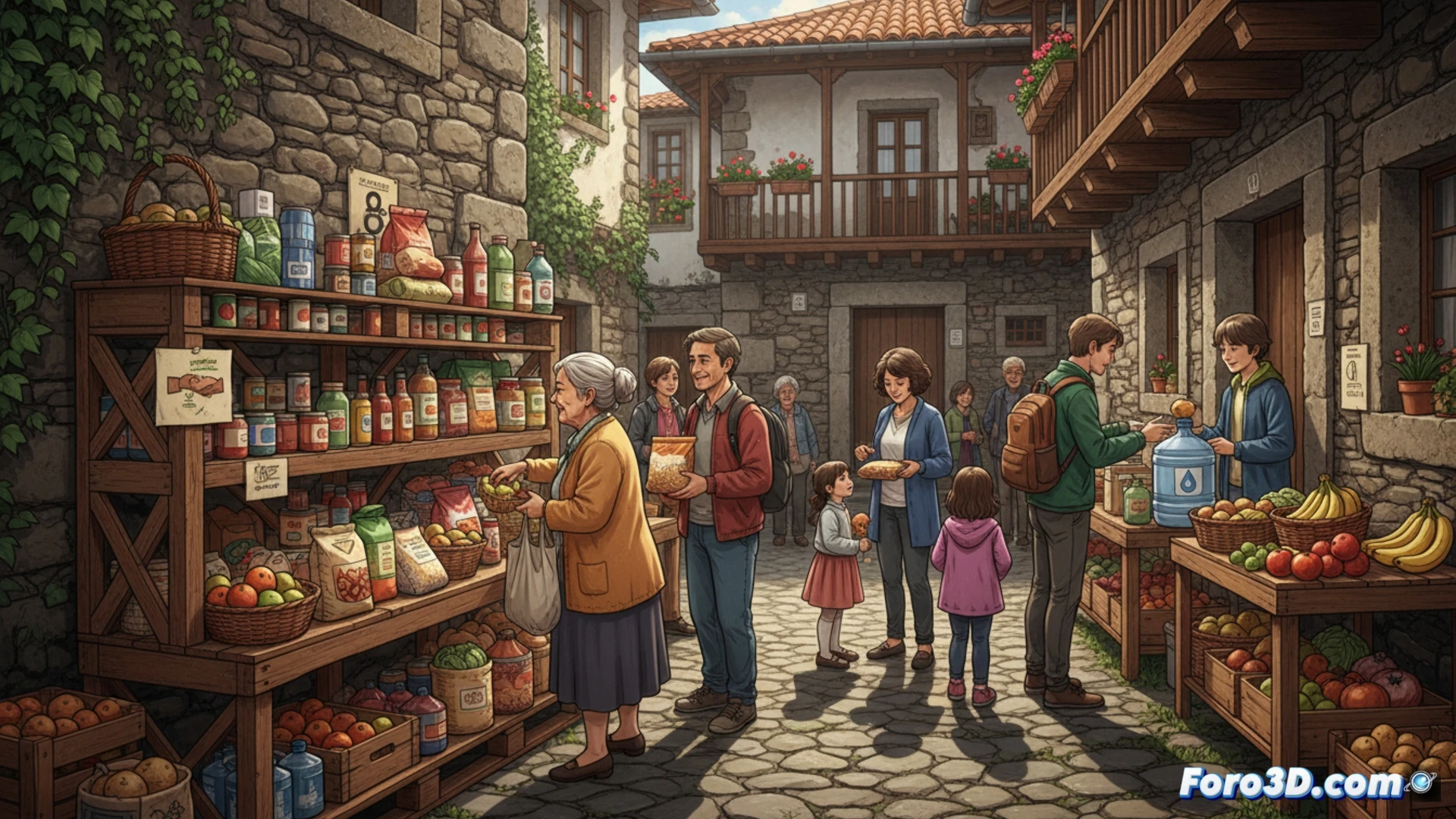 Modelo 3D de una despensa comunitaria modular, mostrando su estructura, estanterías y flujo de uso por los vecinos.