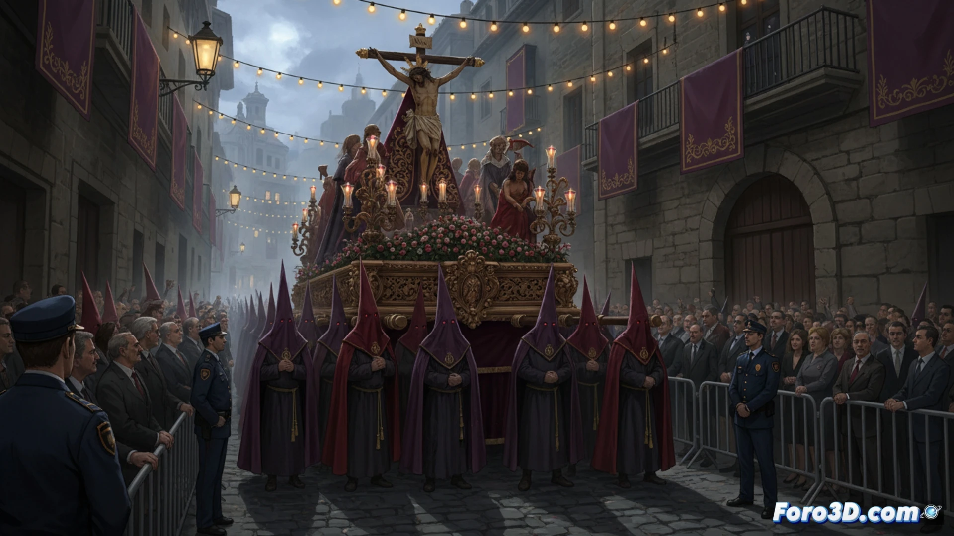 Modelo 3D de una plaza con simulacion de flujo de personas y puntos criticos de seguridad marcados en rojo y verde.