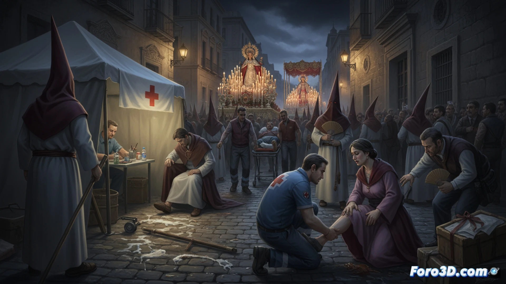 Modelo 3D de una plaza mostrando zonas de alto riesgo sanitario en colores rojo y amarillo durante una procesion.