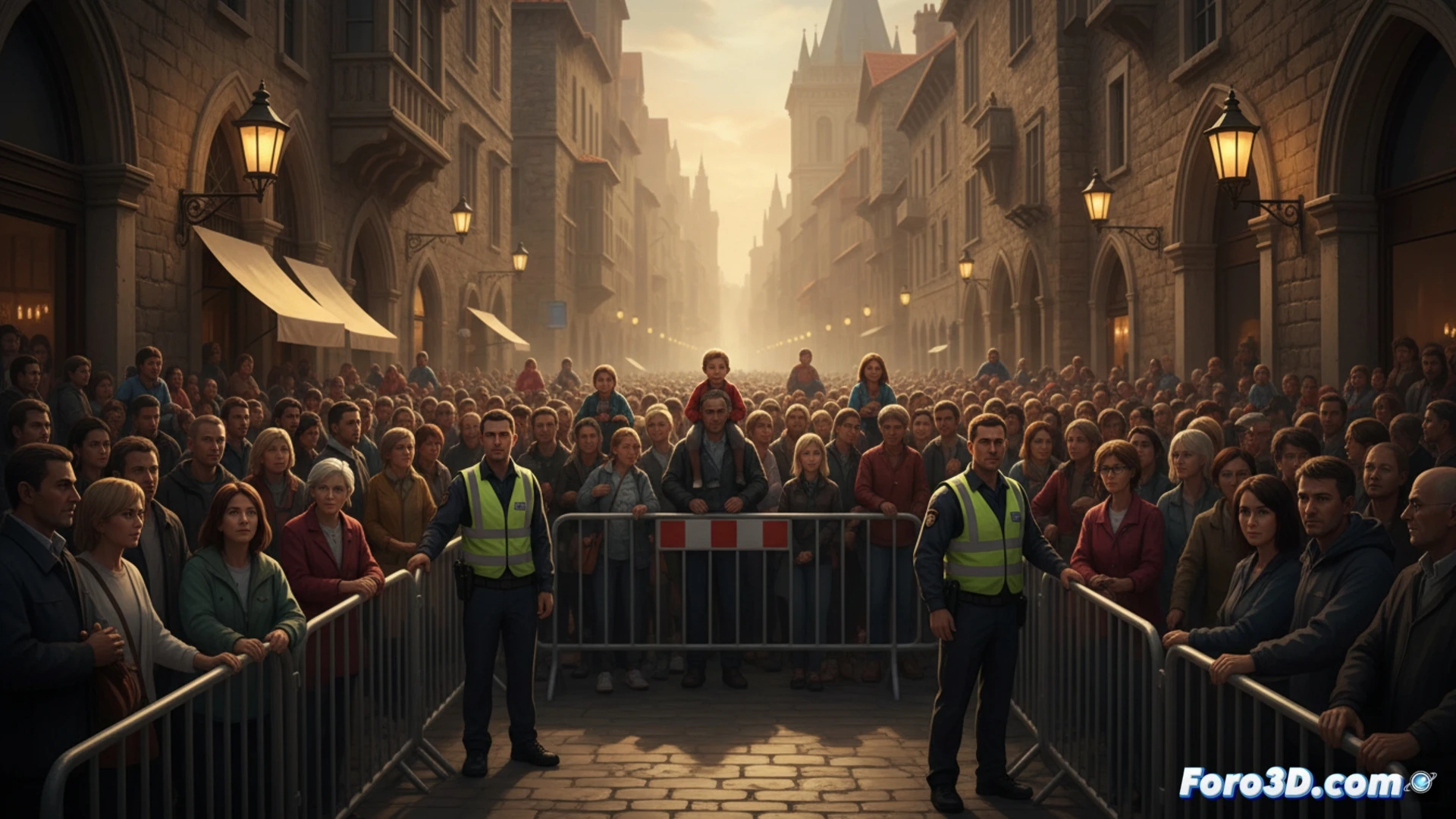 Modelo 3D de una calle abarrotada, con análisis de flujo de personas y zonas seguras marcadas para familias con niños.