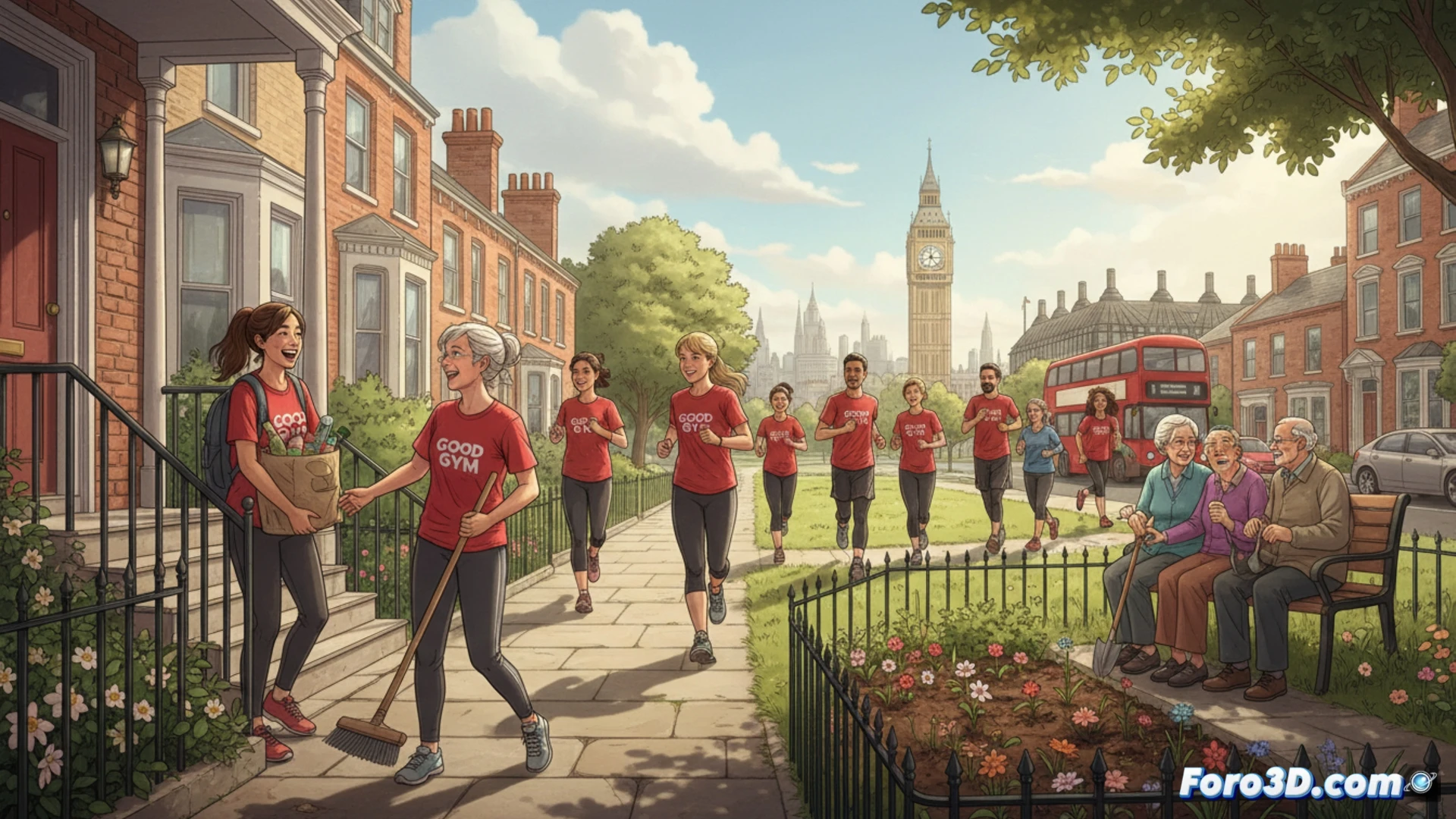 Modelado 3D de interacciones sociales y rutas de voluntarios en un entorno urbano, mostrando conexiones y actividad.