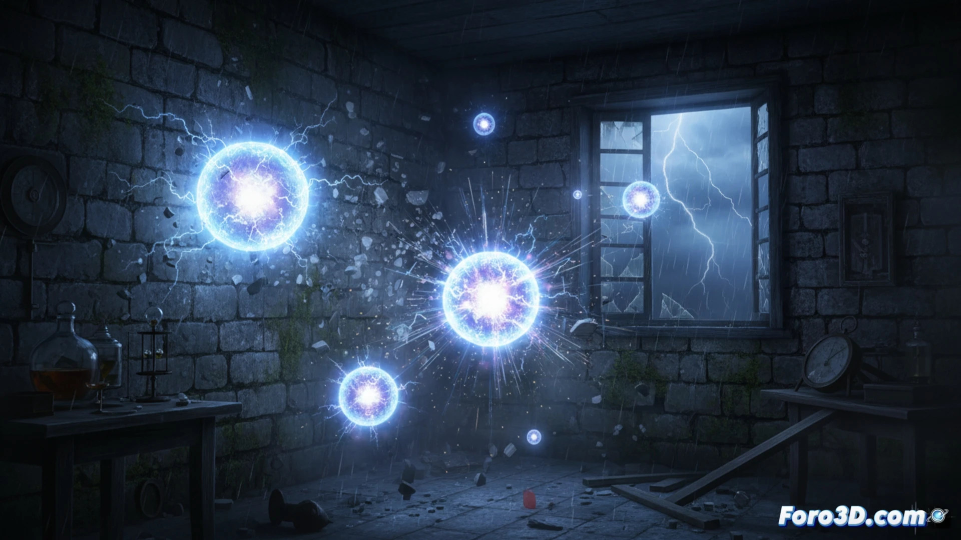 Reconstrucción 3D de un rayo globular, una esfera luminosa y filamentosa, atravesando una pared de ladrillo.
