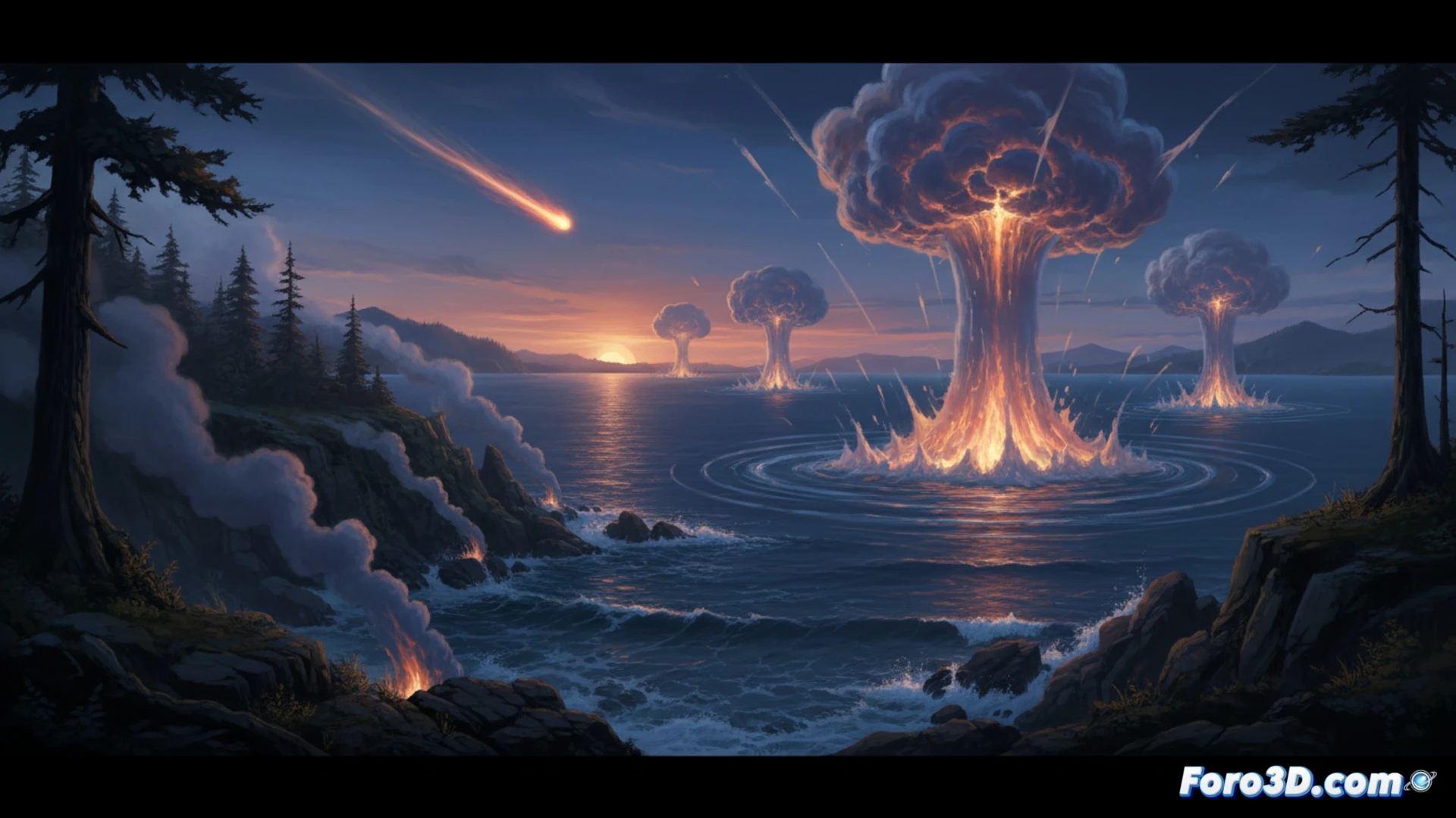 Modelo 3D de la plataforma continental mostrando posibles rutas de propagación de ondas acústicas submarinas.