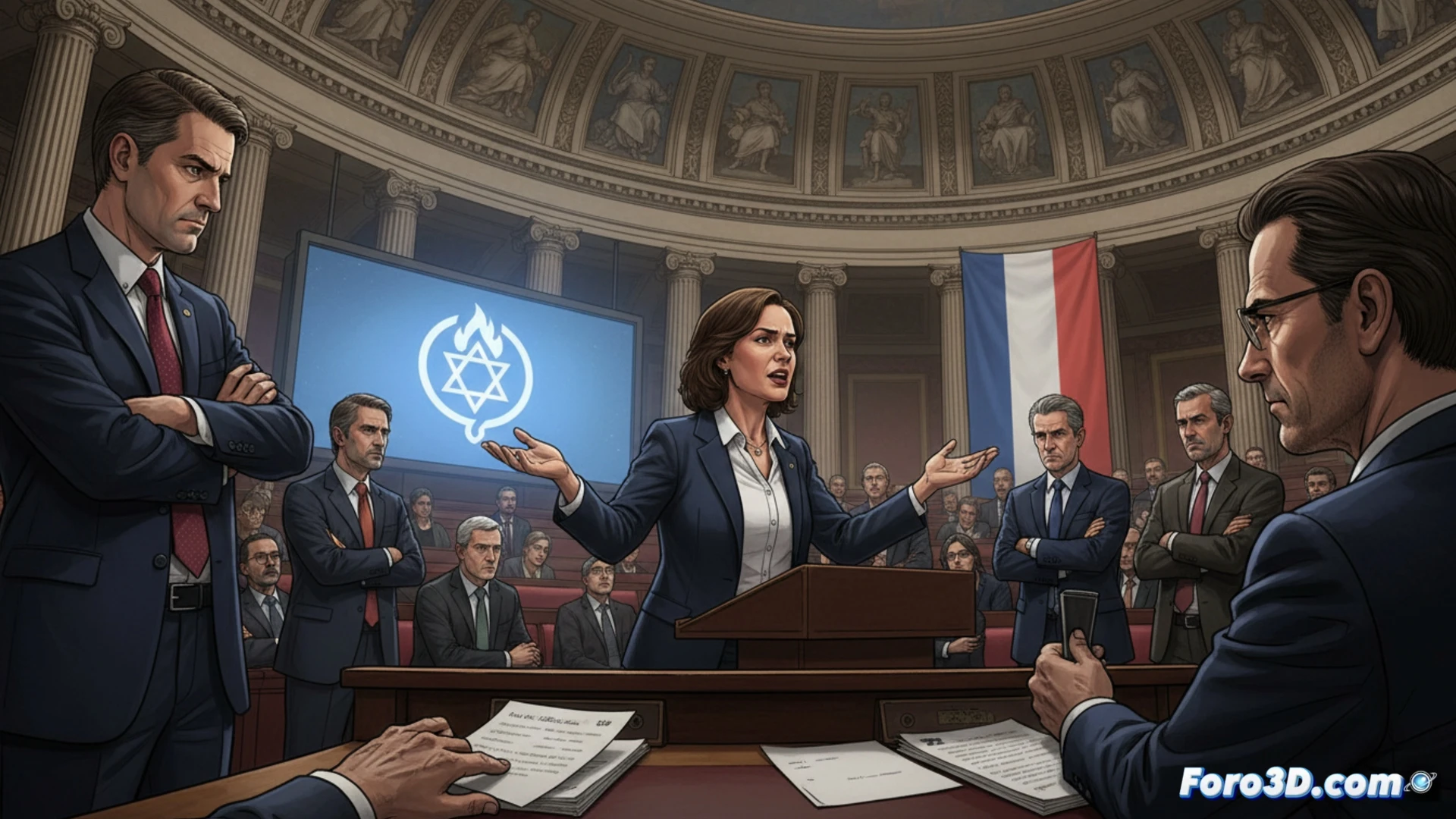 Modelo 3D de la trayectoria de un proyecto de ley en el hemiciclo, con flujos de datos mostrando apoyos y oposición.