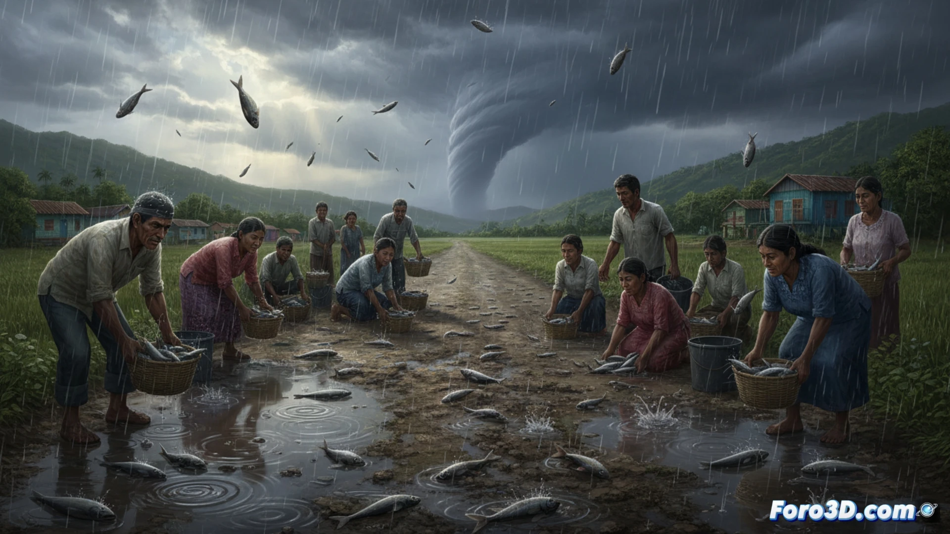 Representación 3D de una tromba marina extrayendo peces del océano y transportándolos sobre tierra firme.