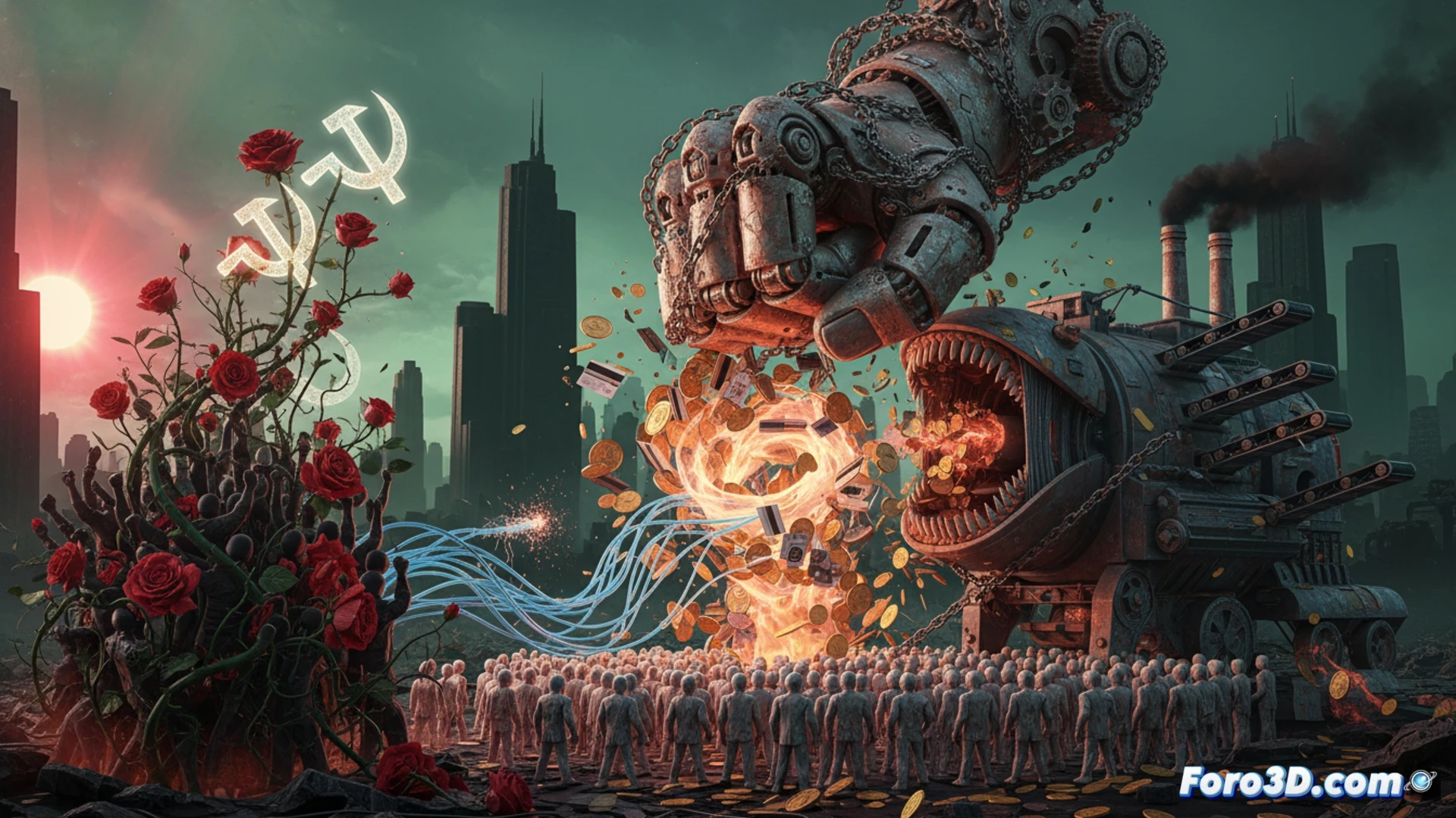 Un modelo 3D abstracto de una fabrica que se descompone en datos y cadenas de oro, sobre una multitud de avatares.