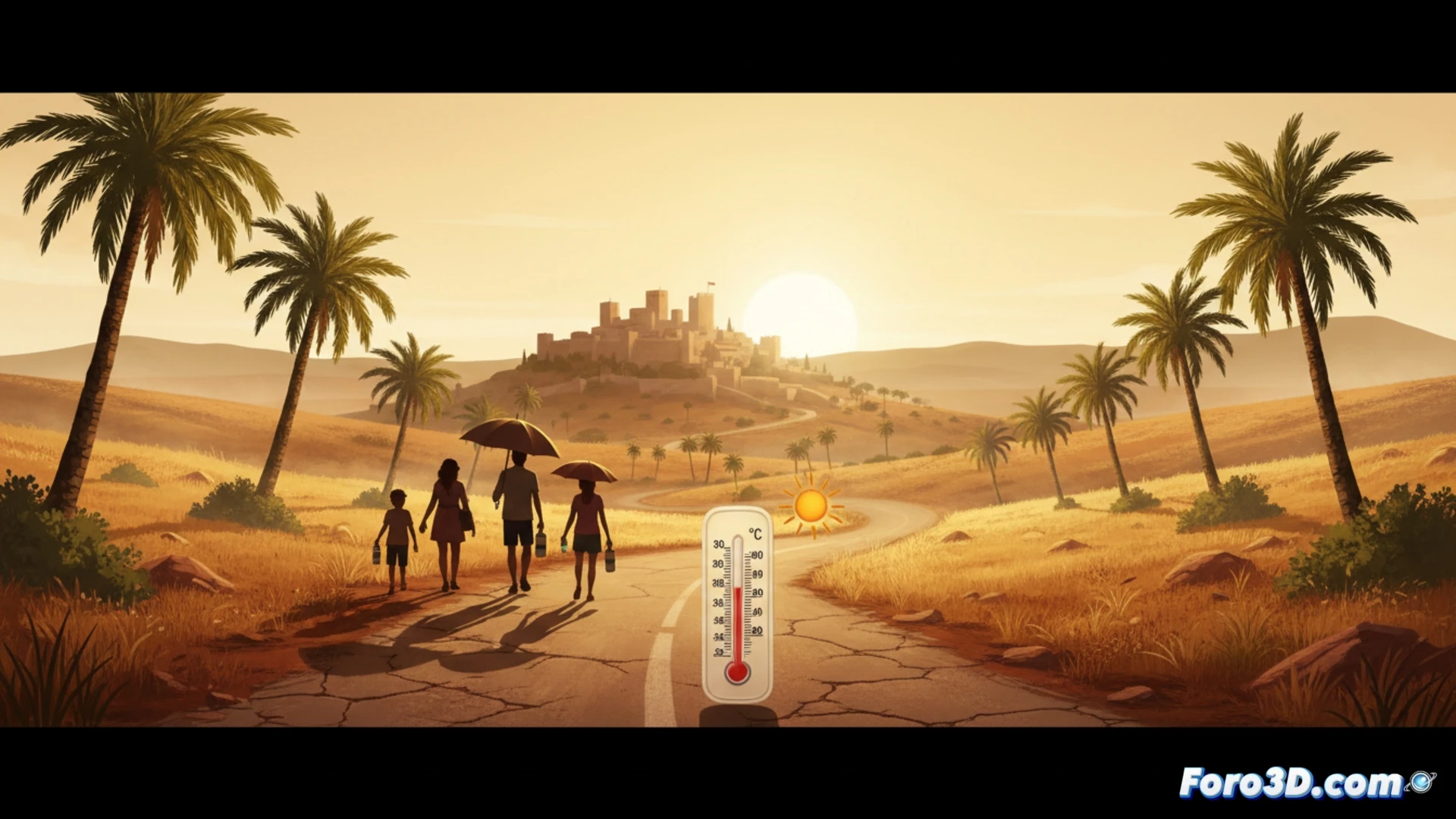 Representación 3D de un gemelo digital urbano mostrando acumulación de calor en edificios y asfalto durante una ola de calor.