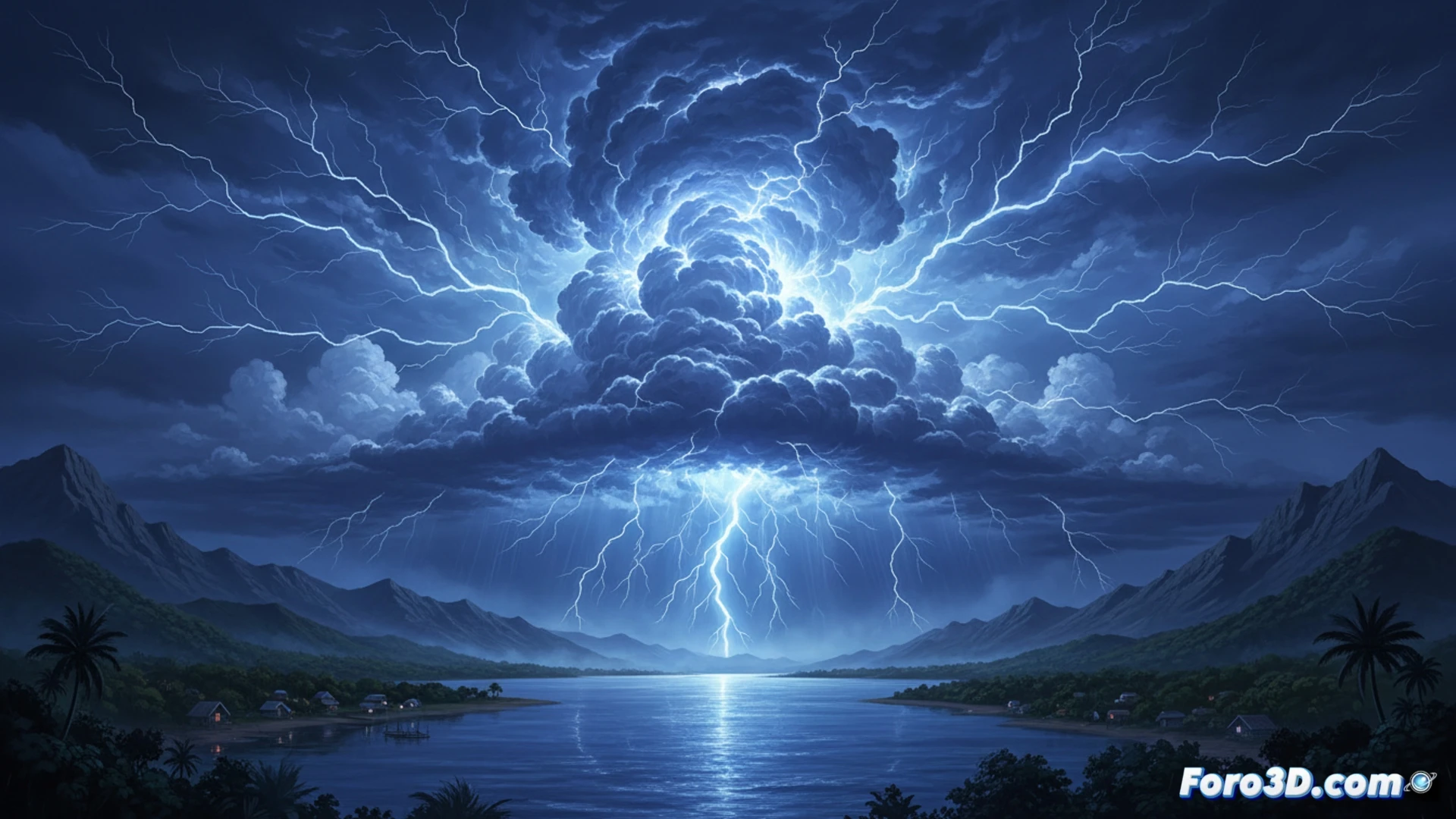 Modelo 3D de una tormenta eléctrica sobre un río, mostrando la estructura de las nubes y los rayos.